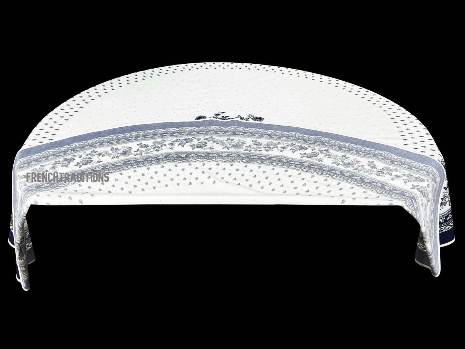 French Provencal Coated Tablecloth Flowers Blue & White 71" Made in France