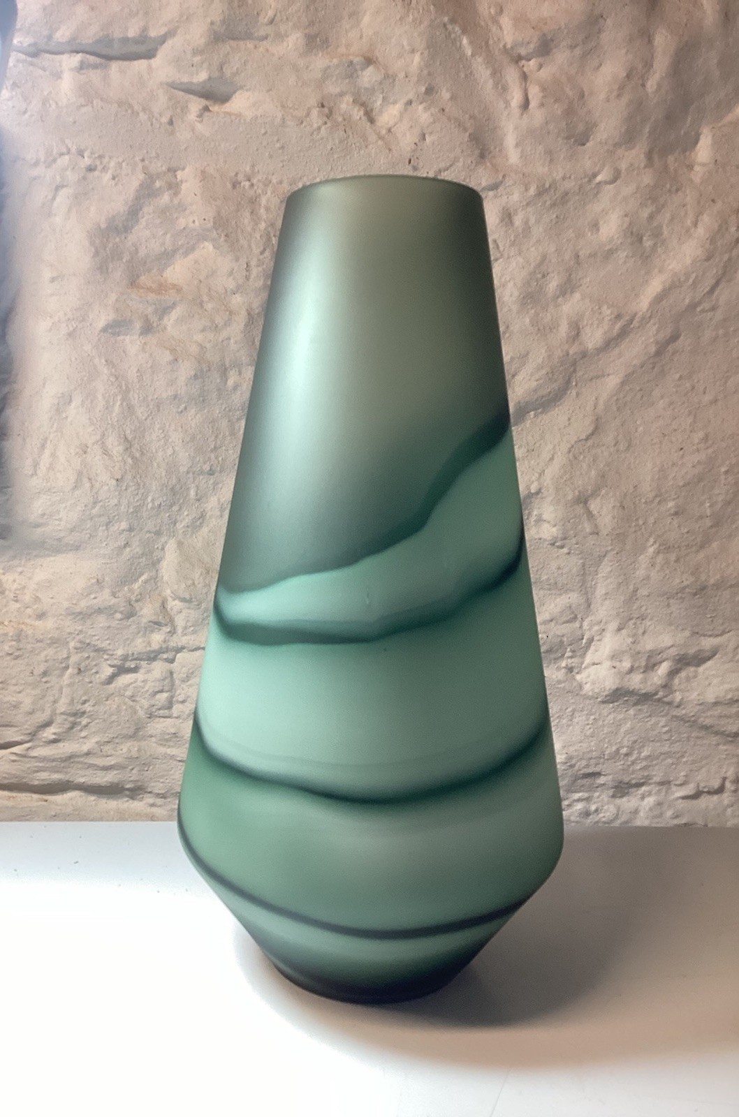 Beautiful Large Art Glass Vase Jade Green Wave Sandblasted Tall Sturdy 13.5 in