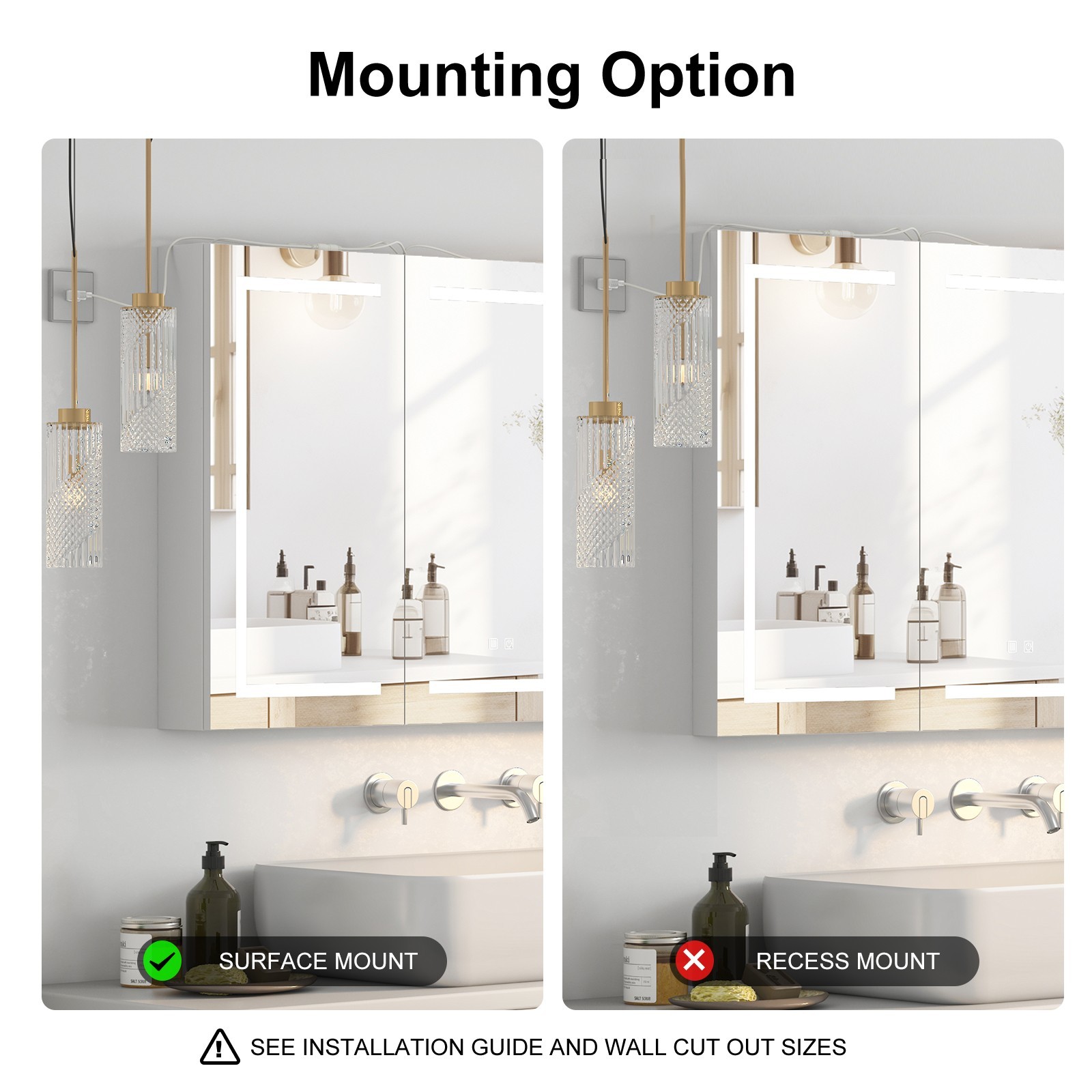 LED Lighted Medicine Cabinet 3 Doors Wall Mounted Bathroom Mirror with Storage