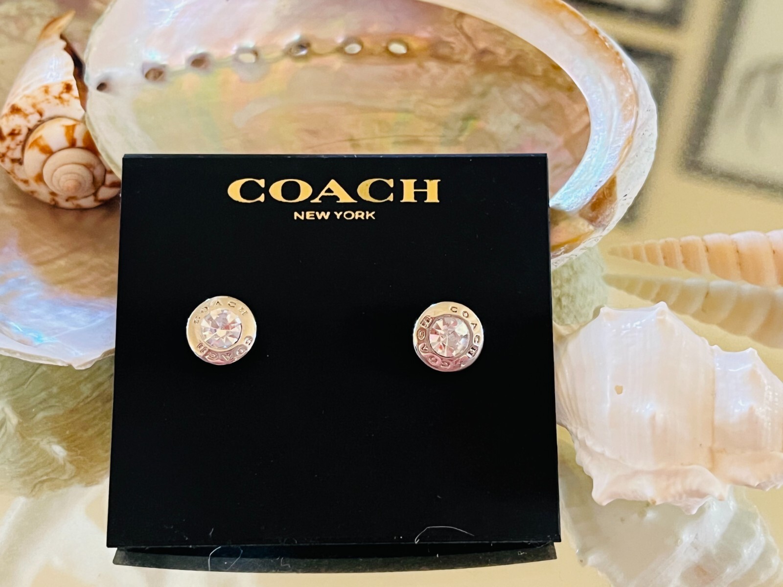 NWT Coach Open Circle Stone Pierced Earrings Silver Plated Stud