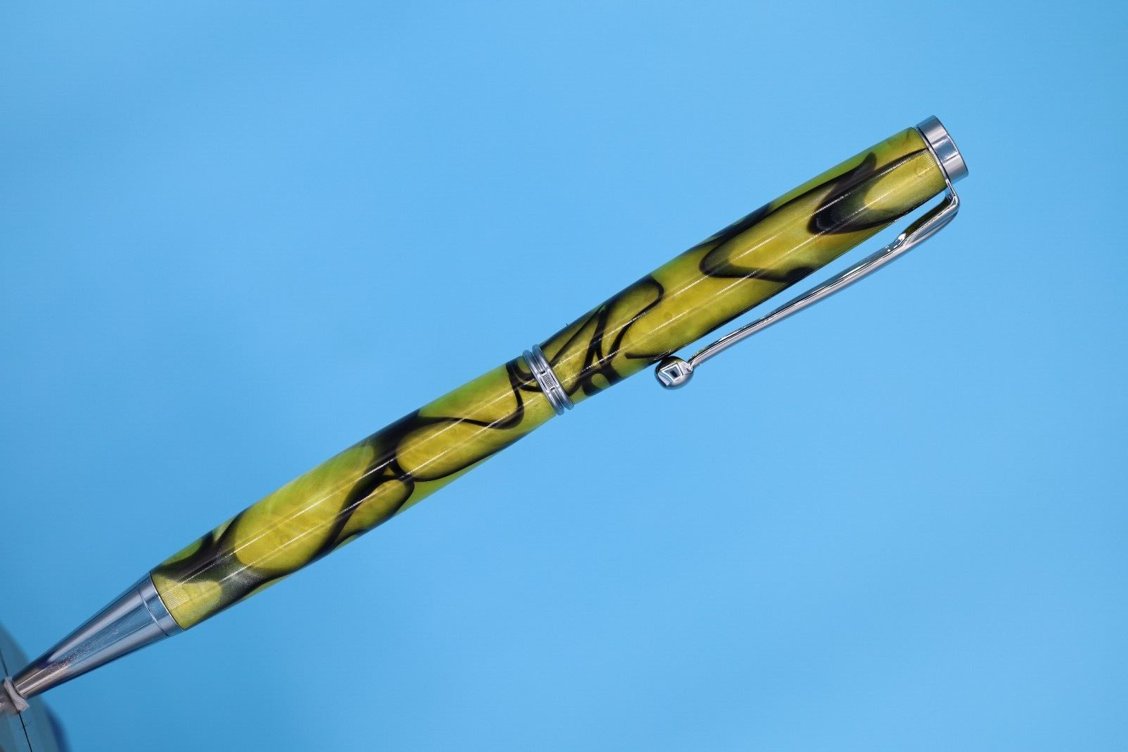 Fancy Slimline Ballpoint Pen in Chrome with Gold Resin and Black Swirls