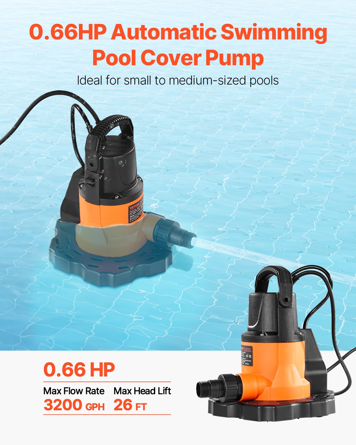VEVOR Automatic Pool Cover Pump Submersible Swimming 0.66 HP 3200 GPH 25 ft Cord