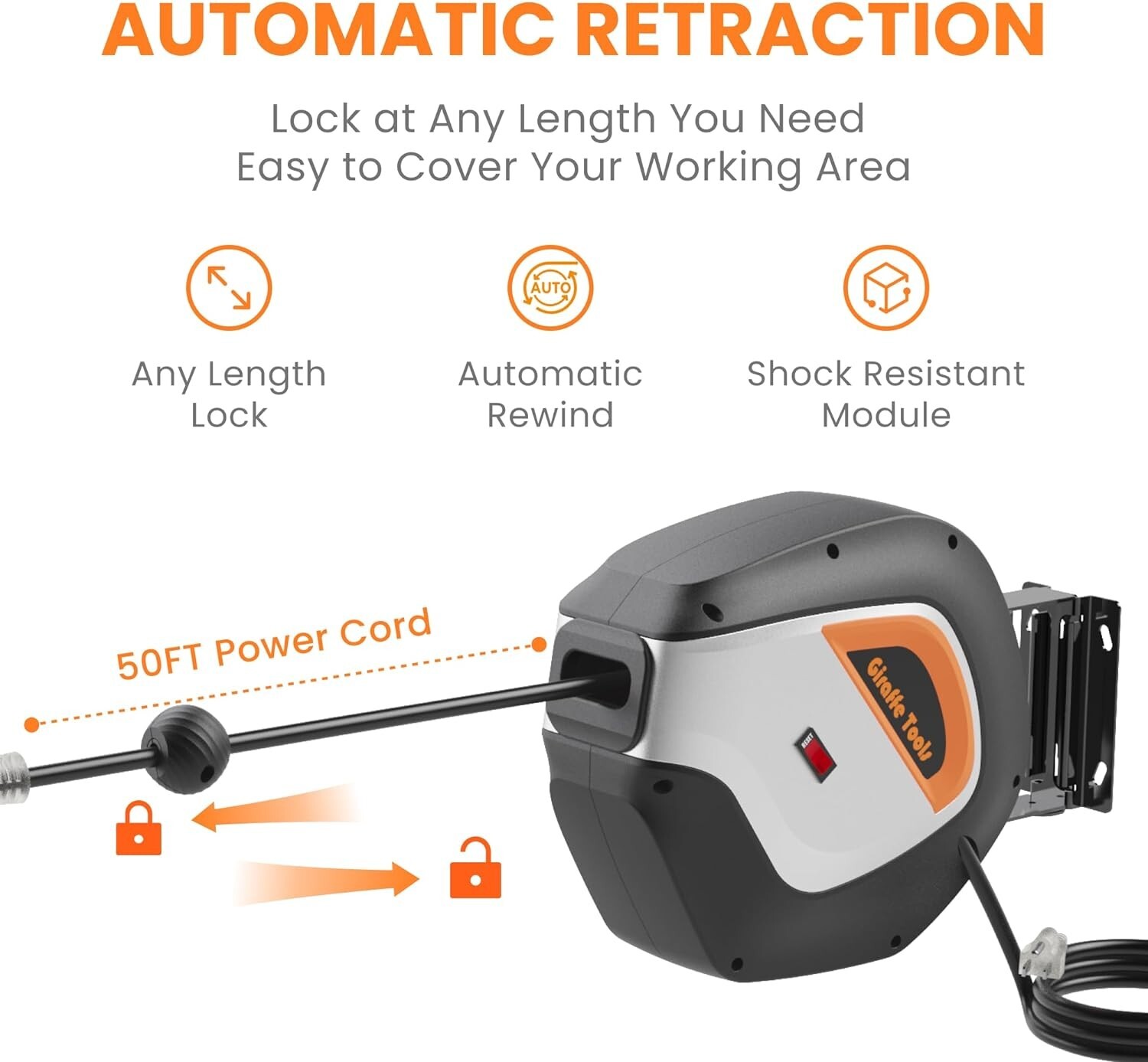 Giraffe Tools DE14 Retractable Extension Cord Reel Power Cord Reel 50FT 14/3AWG