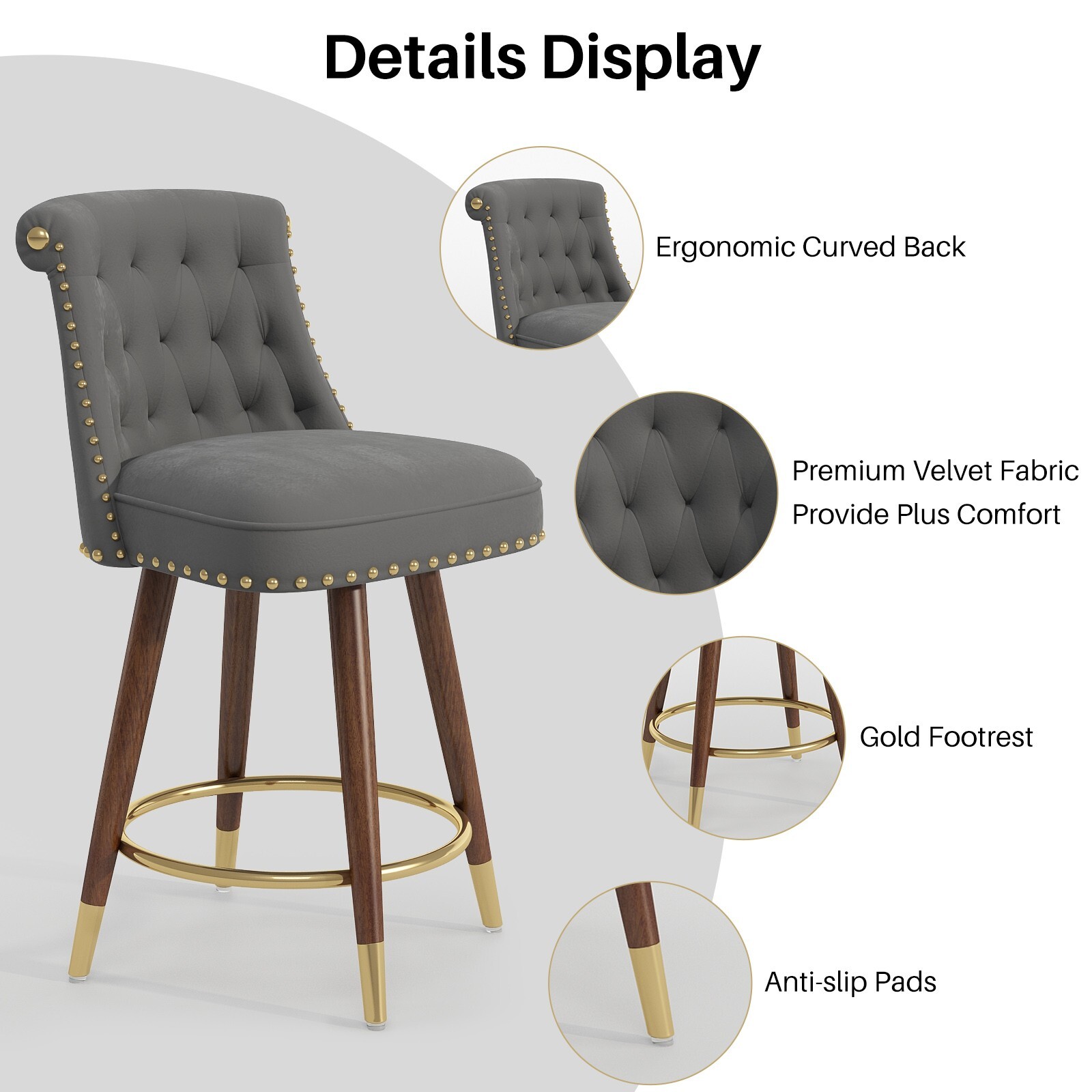 24" Velvet Counter Height Bar Stools Swivel Bar Stools Set of 2 Wood Legs Gray