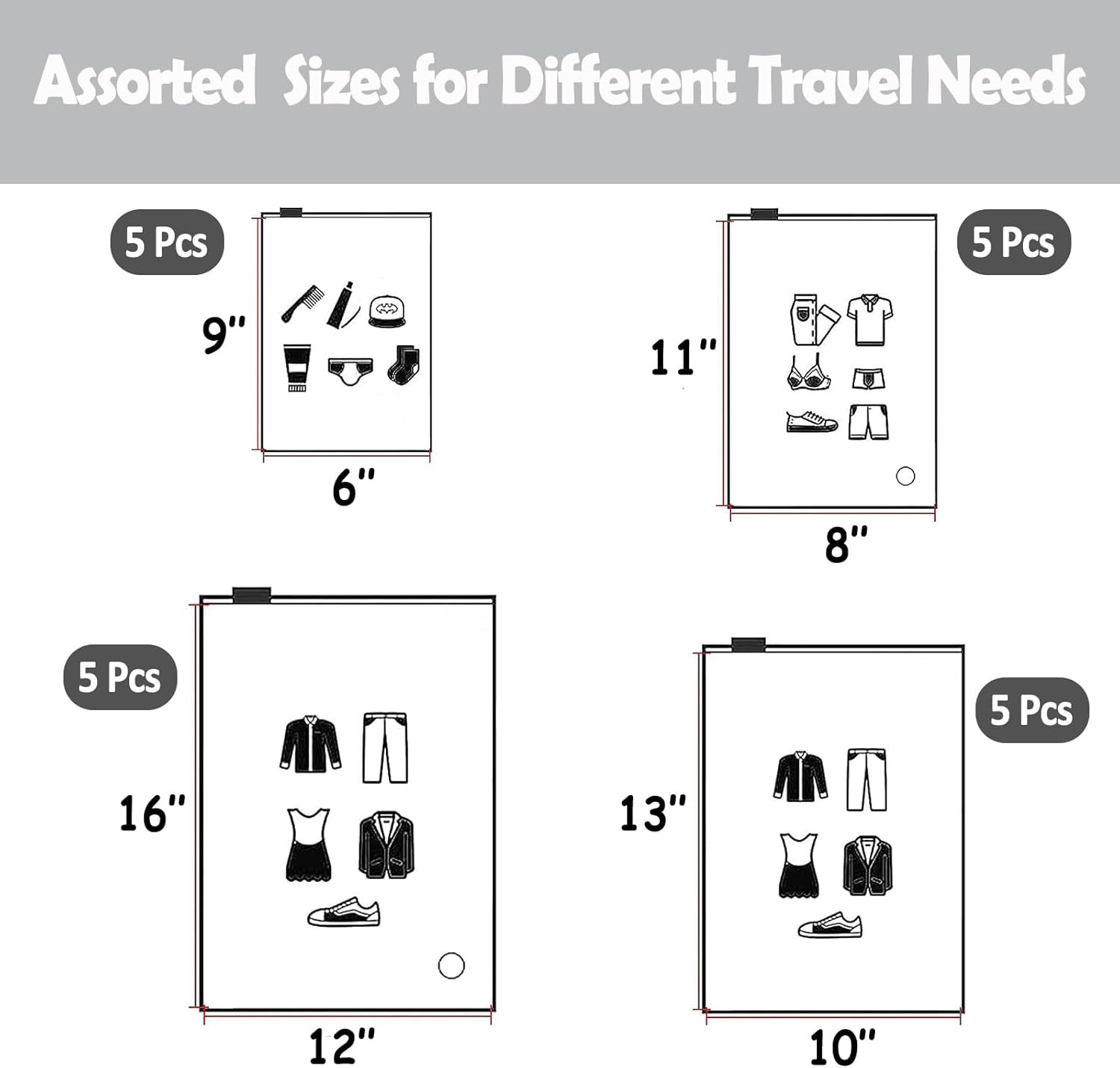 (20 Pcs Value Pack) Travel Luggage Organizer Bags, Assorted Sizes, 4Mil Resealab