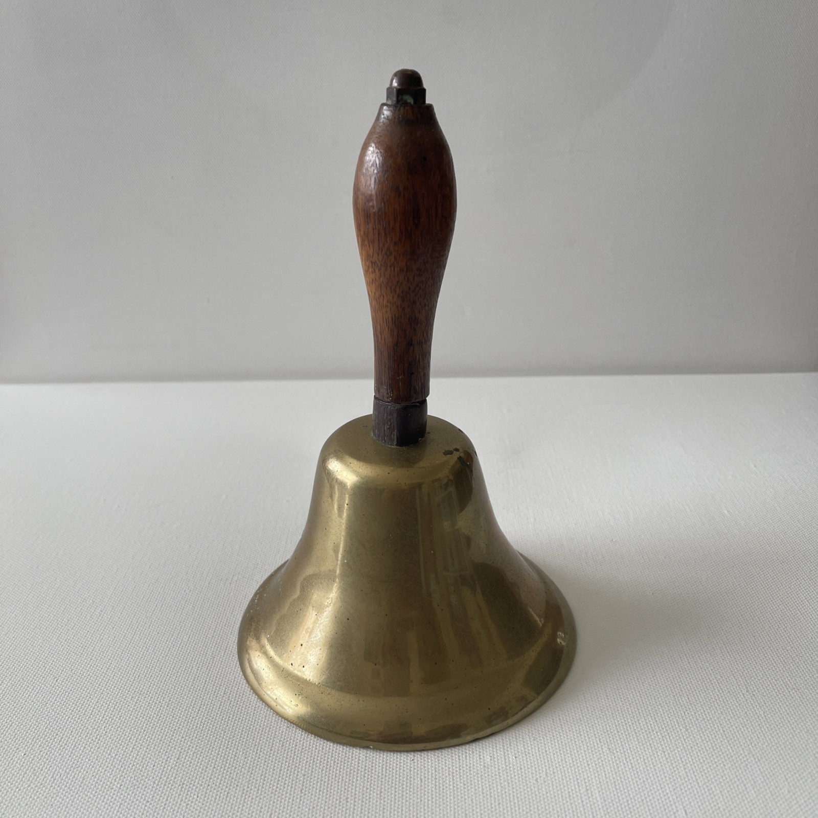 Vintage Heavy Solid Brass School Hand Bell Wood Handle Loud Dinner Service Bell