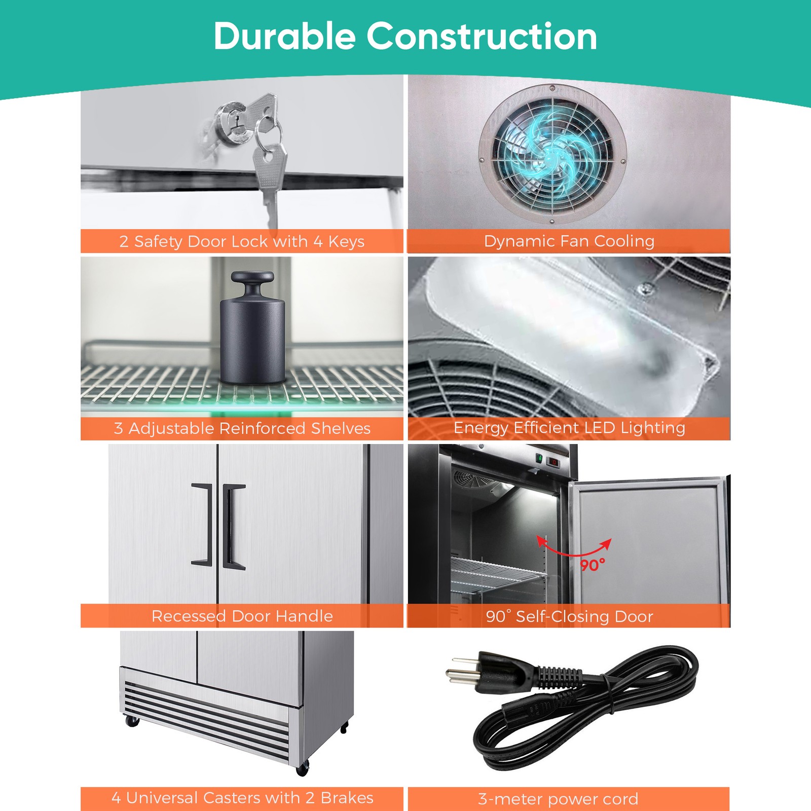 54"Commercial Freezer 49Cu.Ft 4 Door Stainless Steel -8~0℉ Air Cooling 6 Shelves