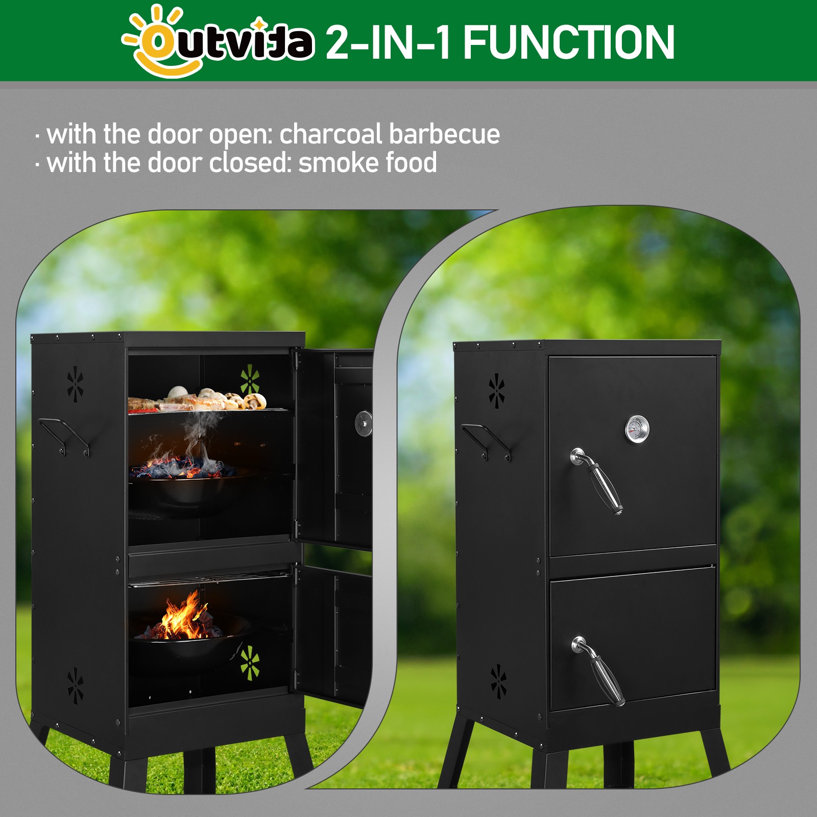 Vertical Charcoal Smoker Barbecue with Double Door Thermometer Garden Camping