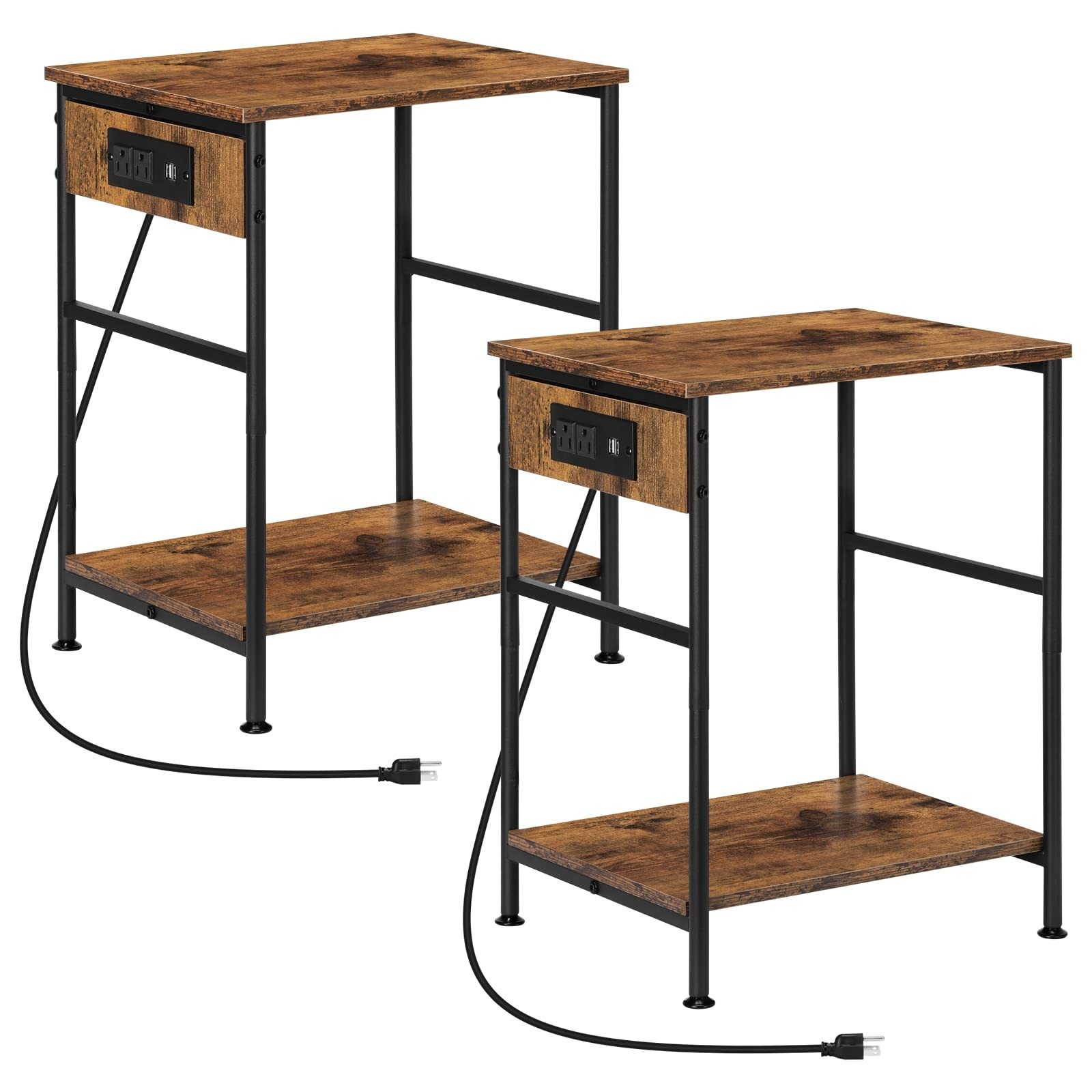 MOOACE Nightstands Set of 2, End Table with Charging Station, 2 Tier Narrow S...