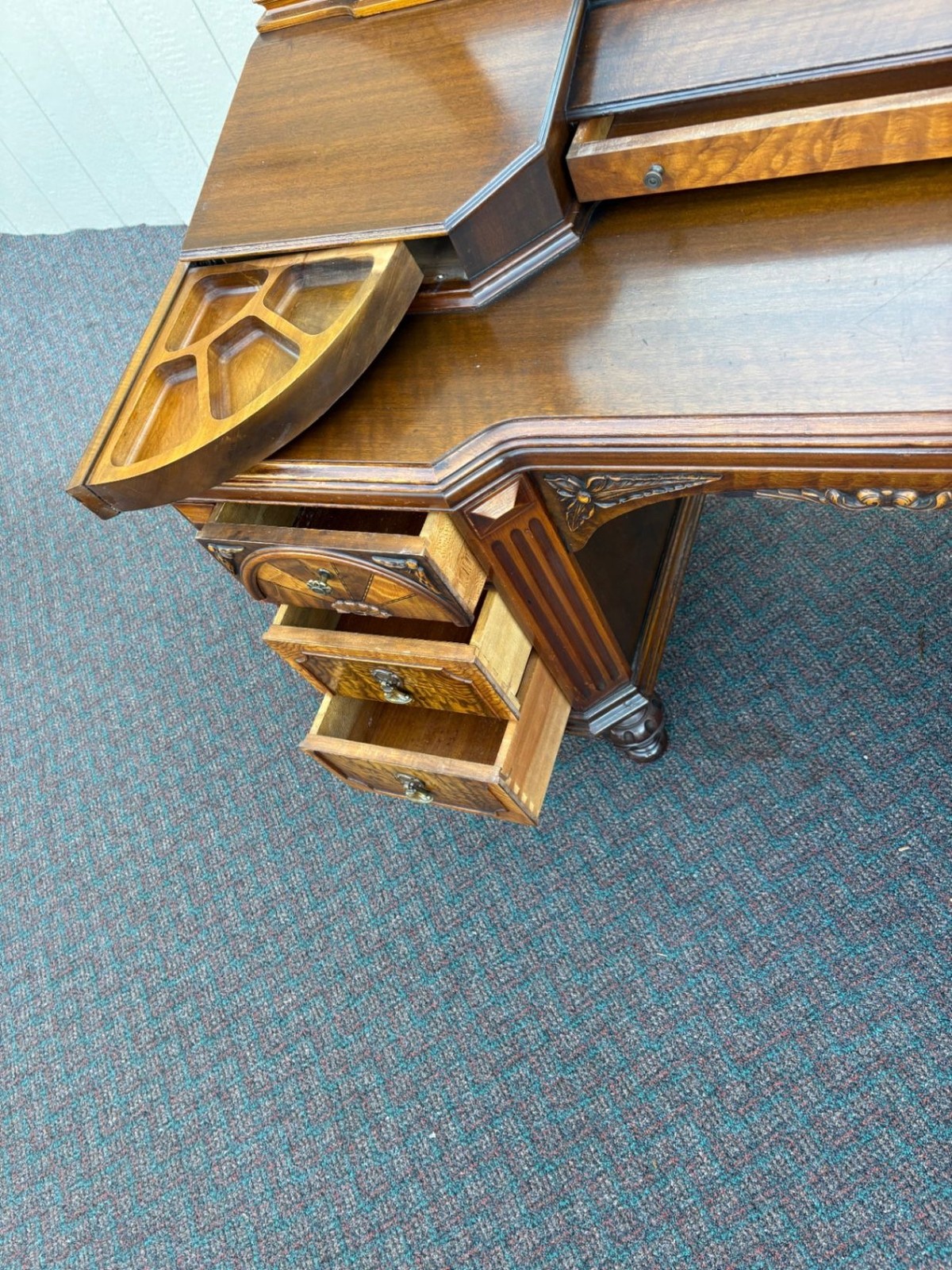 67476 Antique Walnut Vanity with Mirror, Ornate Carving and Drawers