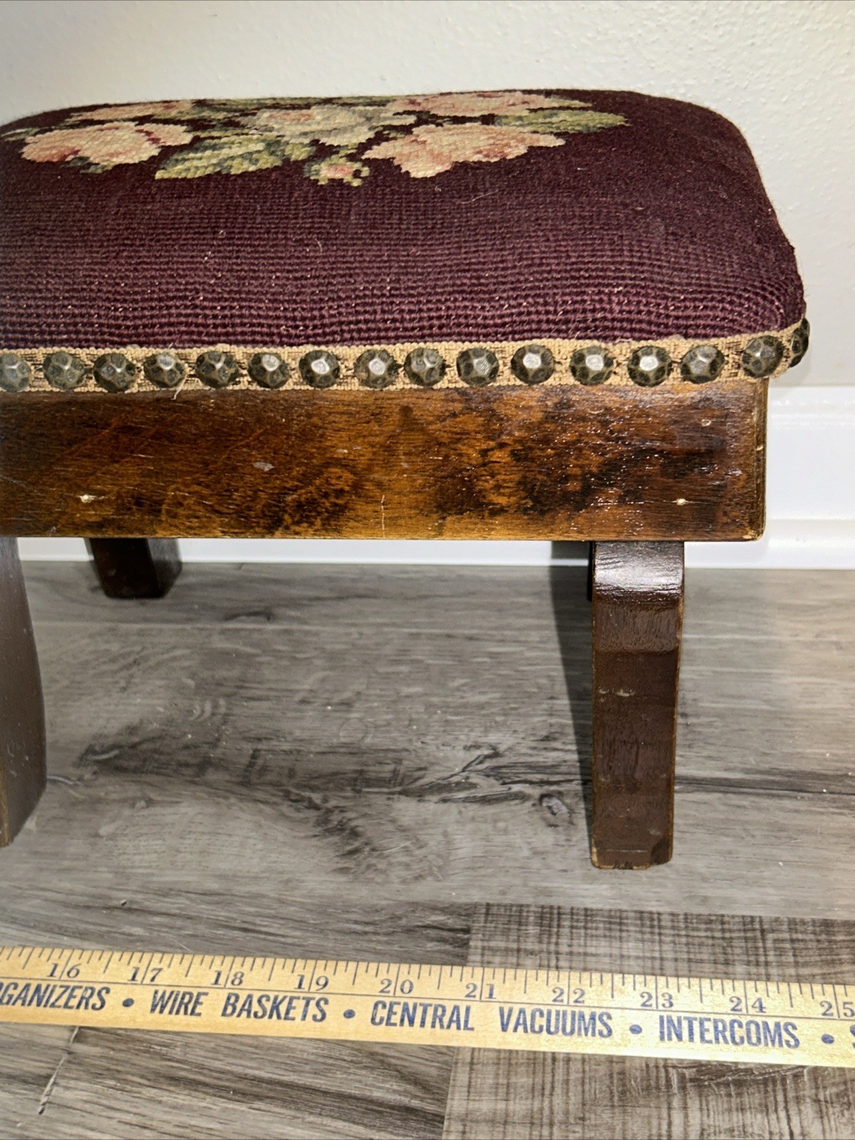 19thC Antique Victorian Stud Accents Footstool Floral Needlepoint Carved Walnut*