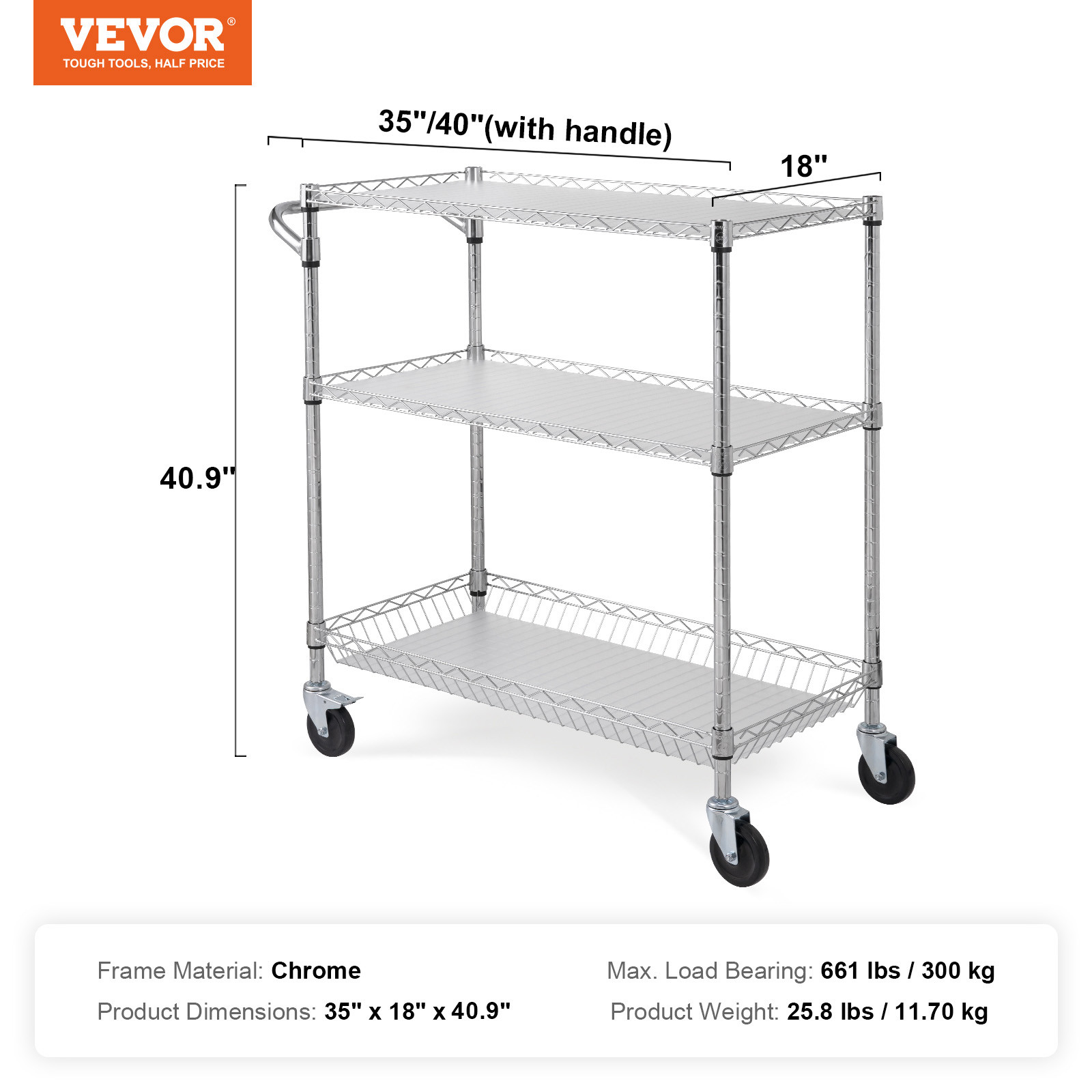 VEVOR 3-Tier Utility Cart Rolling Cart on Wheels 35"x18"x40.9" 661 LBS 6 Hooks