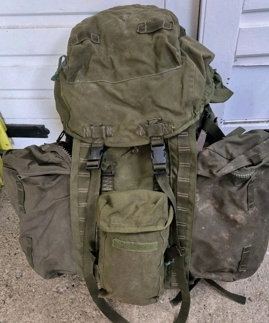 Genuine British Army 120L Bergen Olive Long Back + Side pouches 1990