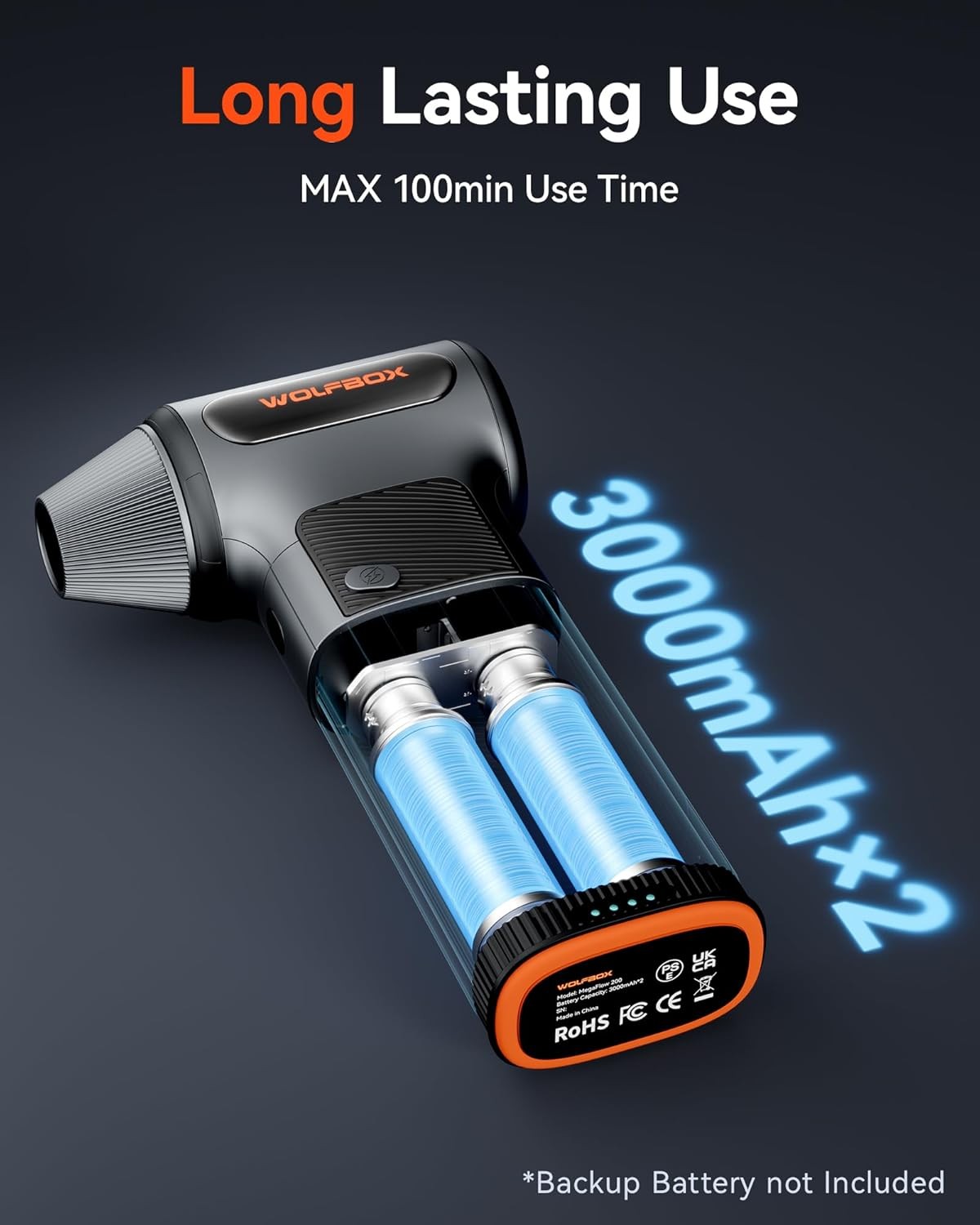 WOLFBOX MF200 Electric Air Duster with Removable Battery, Dual-battery Pack