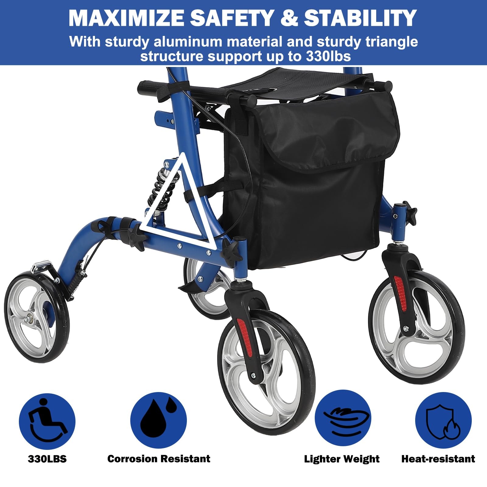Foldable All Terrain Rollator Walker with Seat and 12" Rubber Wheels for Seniors