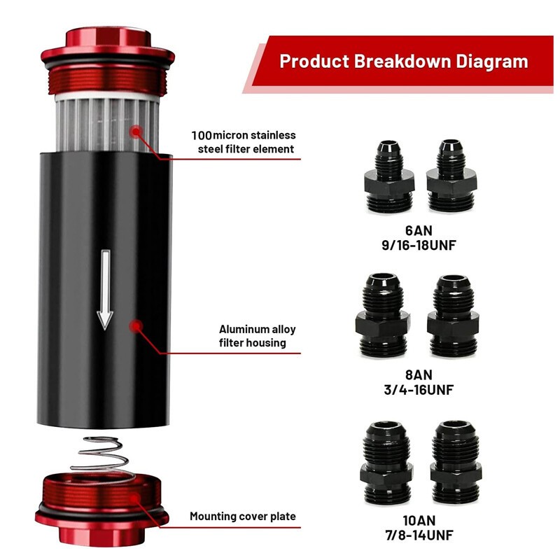High Flow Inline Fuel Filter 100 Micron Cleanable 6AN 8AN 10AN Adapter Universal