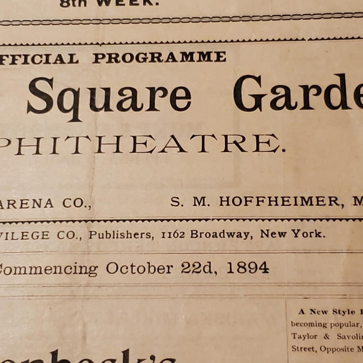 5157----1894 Madison Square Garden weekly bulletin NYC theatre + performances
