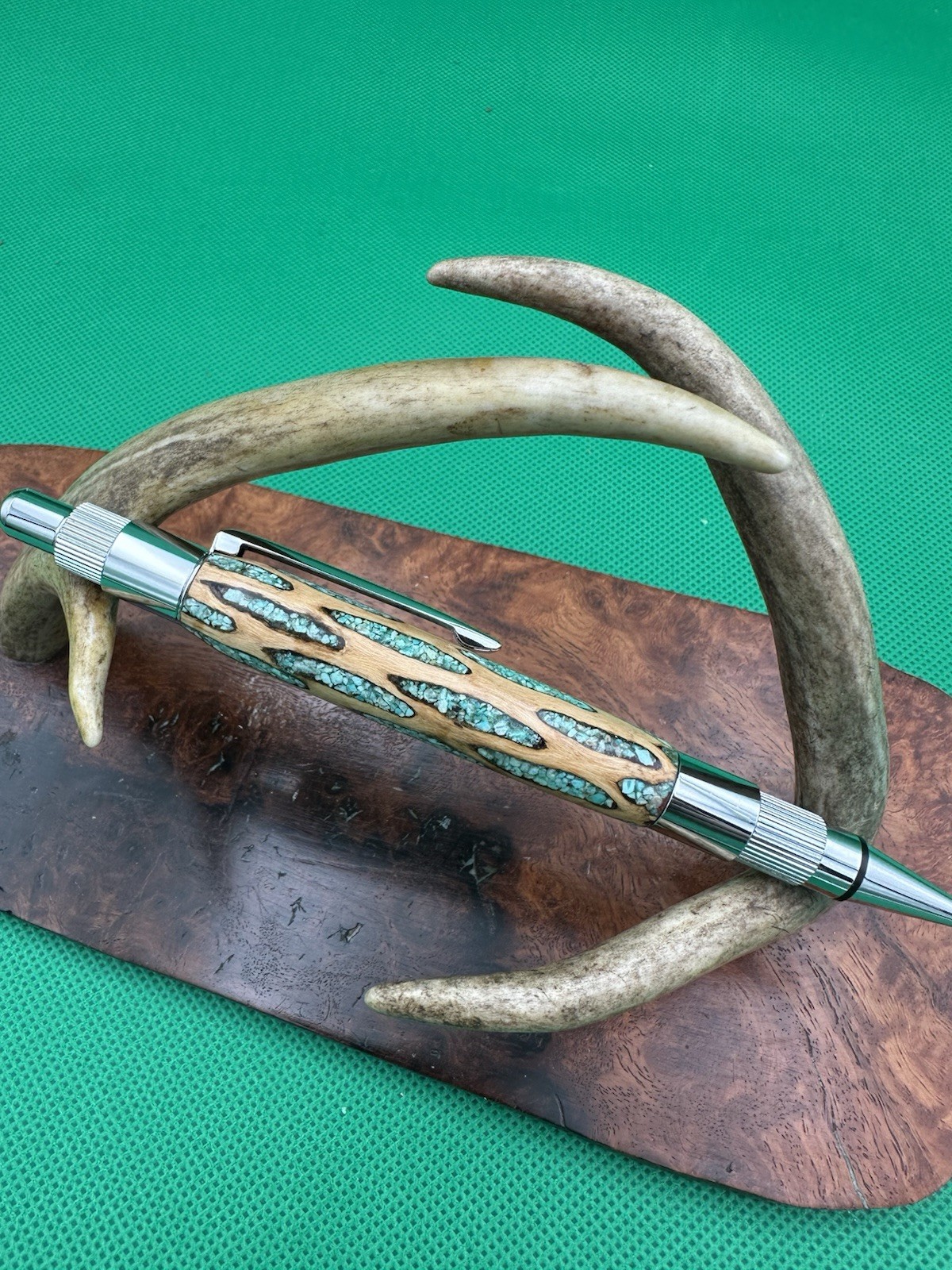 Hand Turned Mechanical Stratus Pencil With Cholla Cactus Inlaid Turquoise Chrome