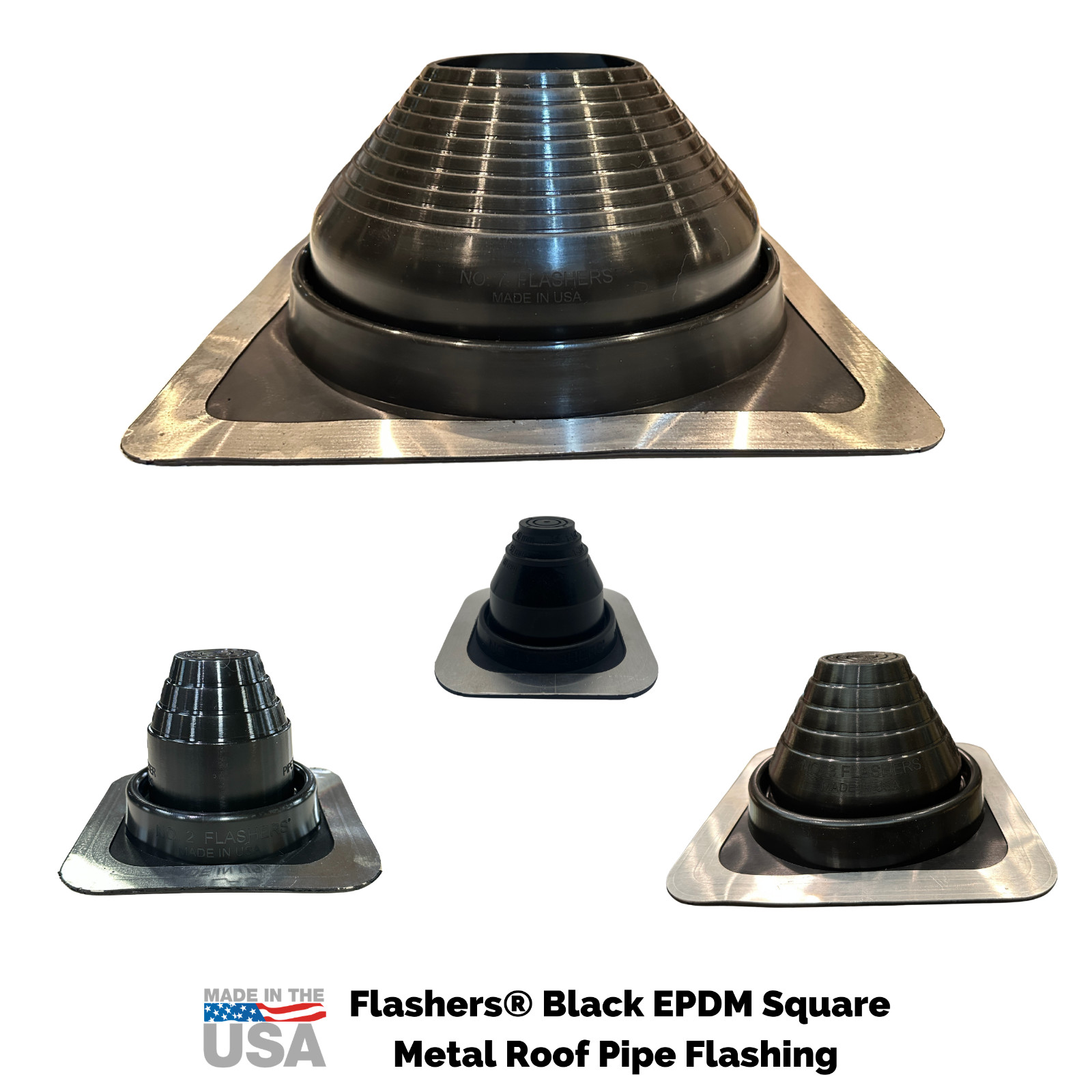 Flashers Black EPDM Square Metal Roof Pipe Flashing Boot (Size#1-9) Made in USA