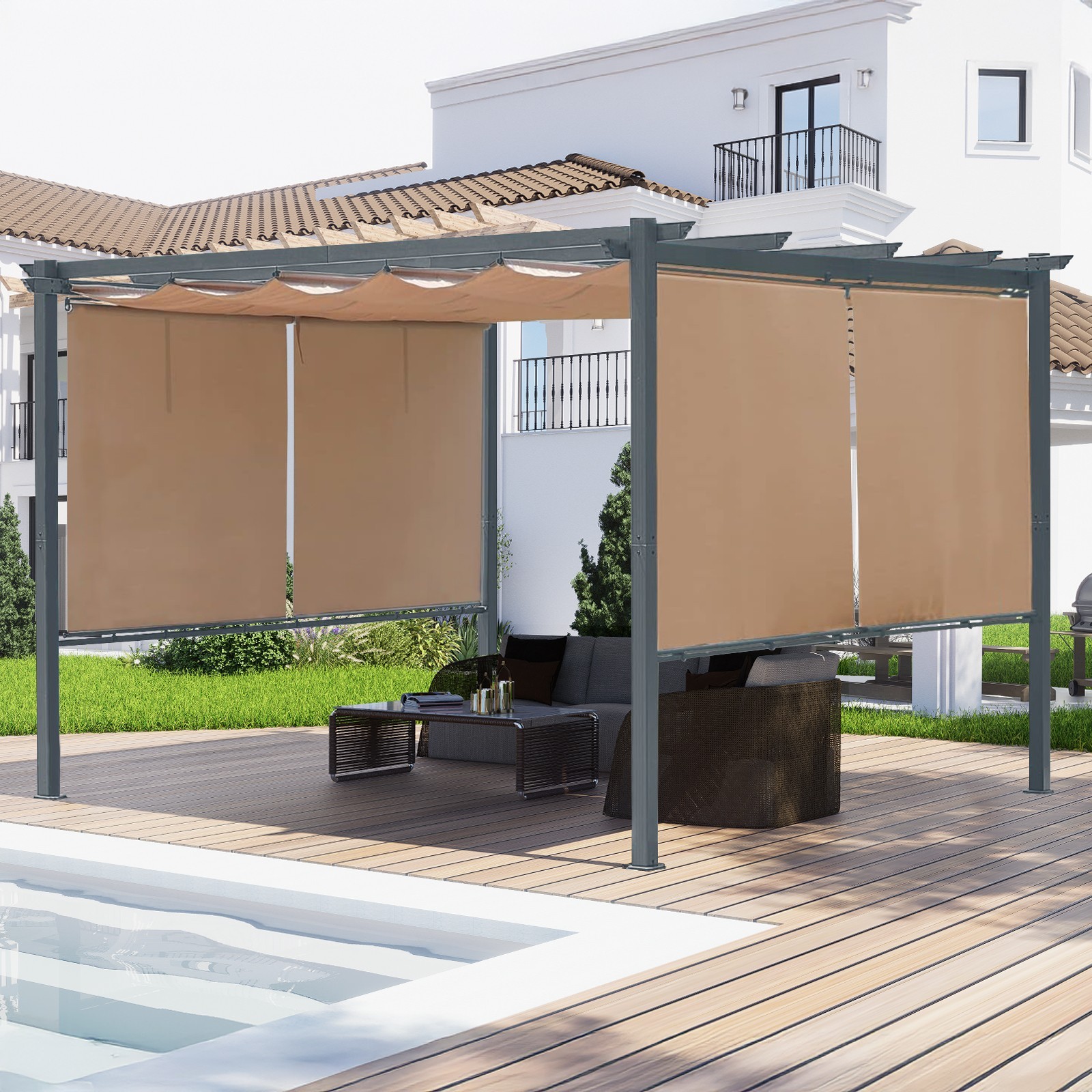 10x12ft Outdoor Pergola Sun Shade Cover with Retractable Canopy and Roller Shade