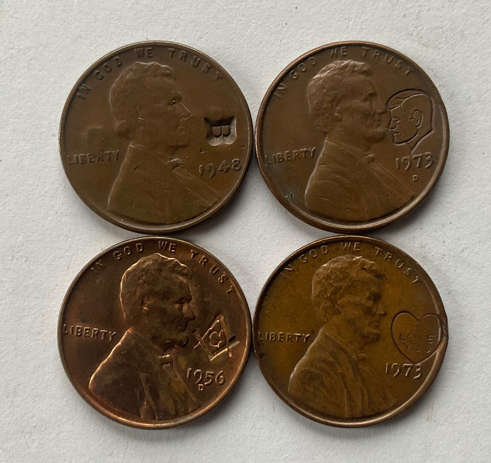 (4) LINCOLN WHEAT & MEMORIAL CENT OBVERSE STAMPED=KENNEDY-MASON-I LOVE YOU