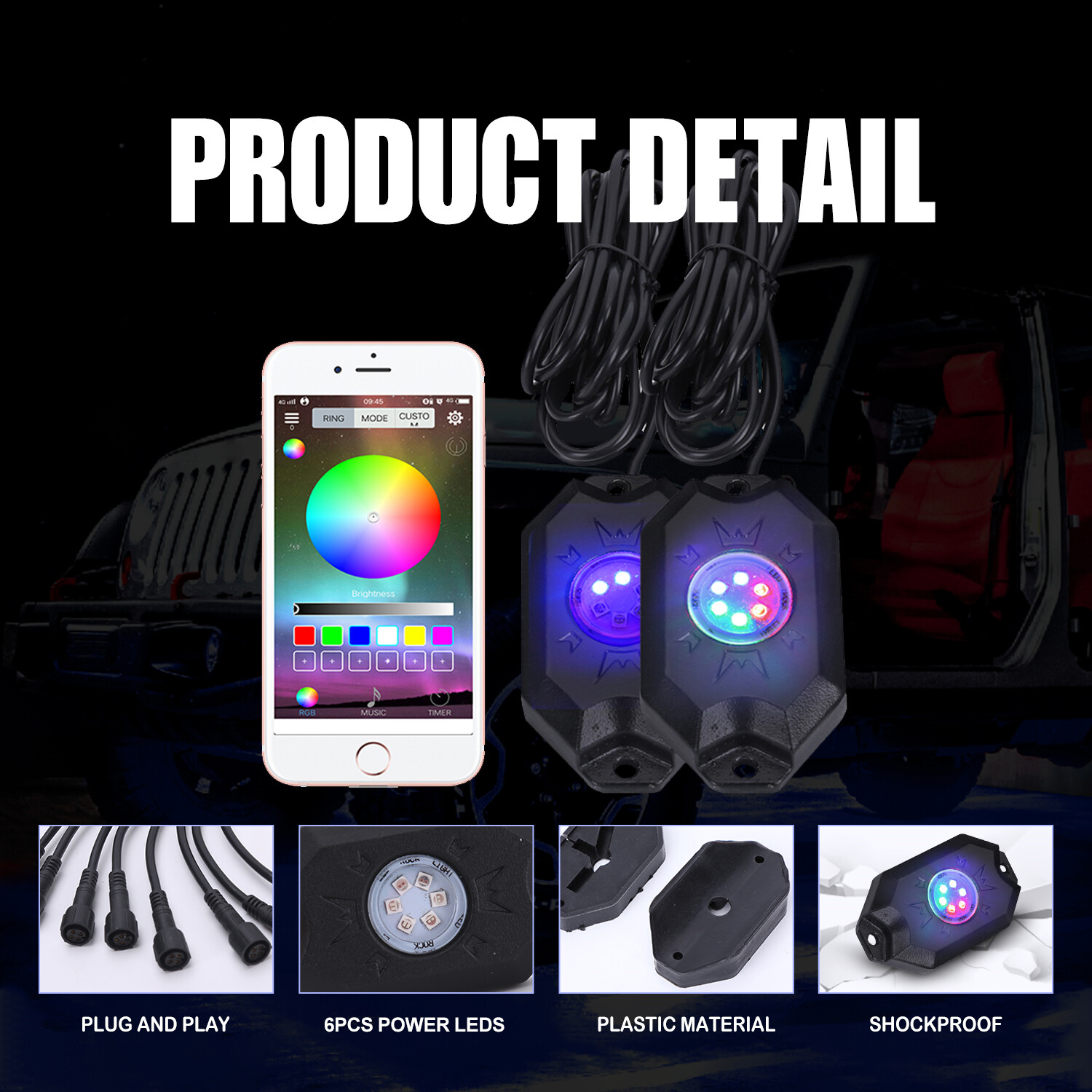 12Pods RGB LED Rock Light Offroad Music Wireless Bluetooth Underglow Neon Lights
