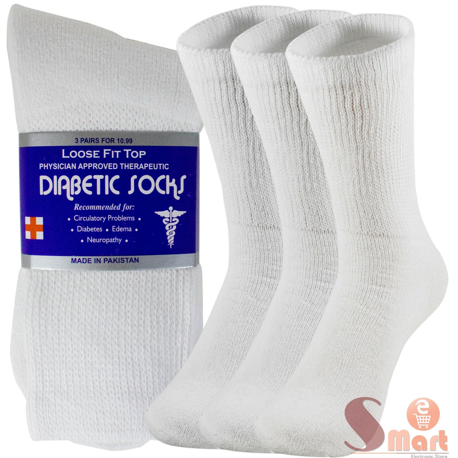 3-12 Pairs Health Circulatory Crew Cotton Diabetic Socks White 9-11 10-13 13-15