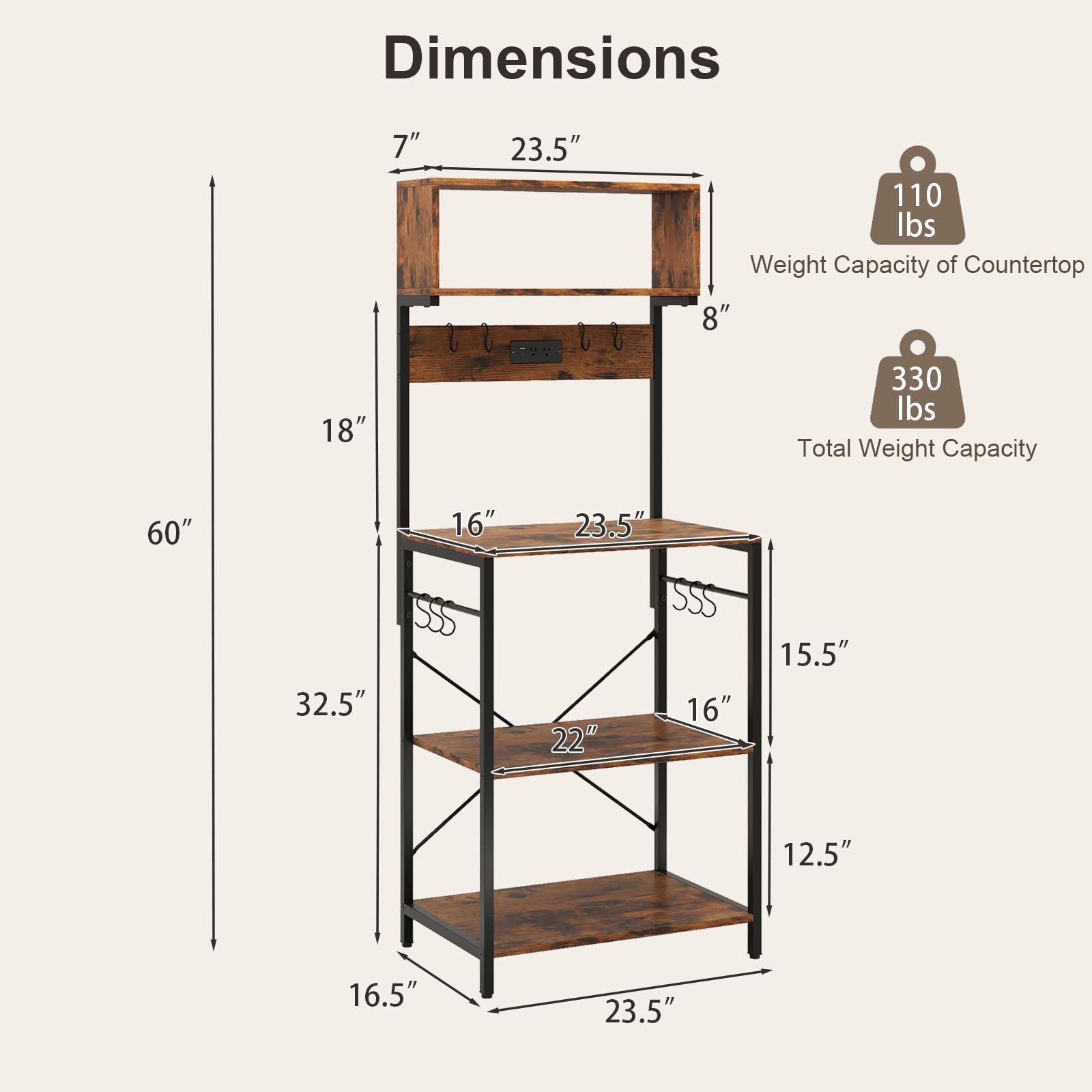 Baker’s Rack with Power Outlet, 5-Tier Microwave Stand with Open Shelves