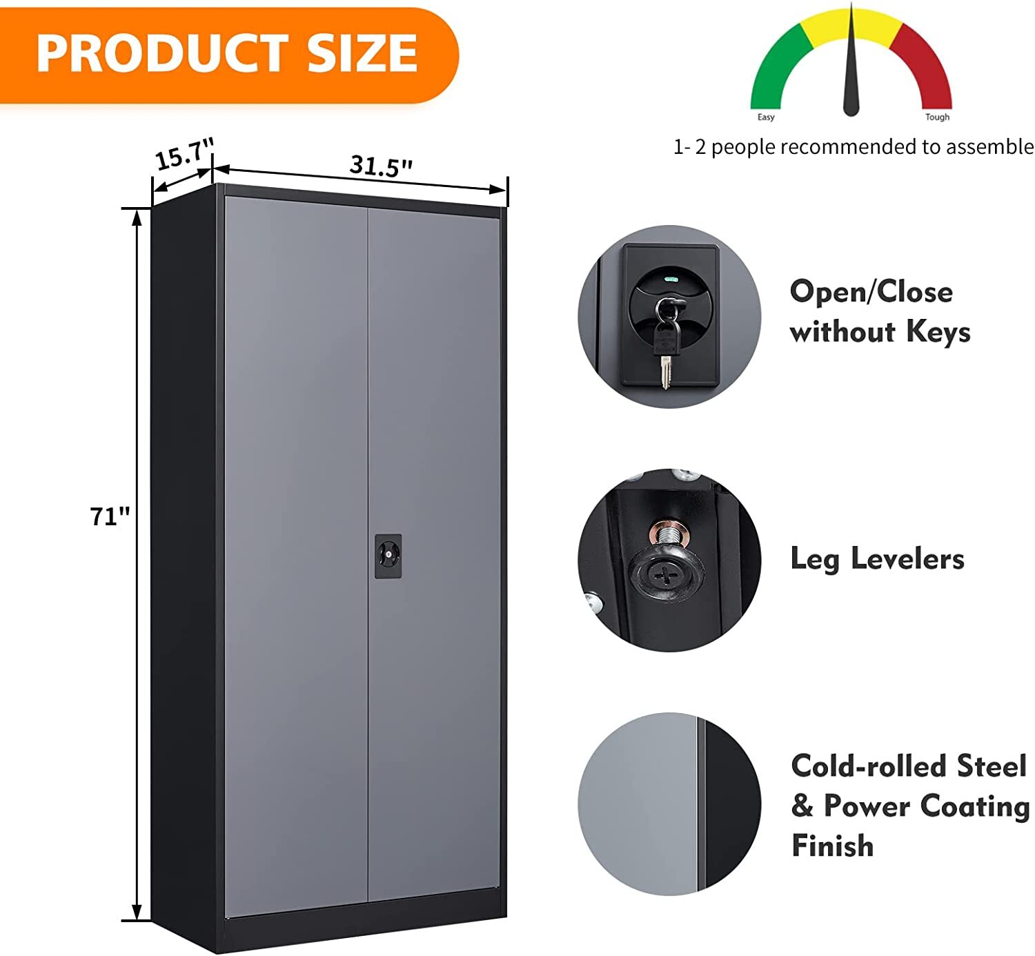 Metal Cabinet 4 Adjustable Shelves 71H Locking Garage Storage Cabinet with Doors