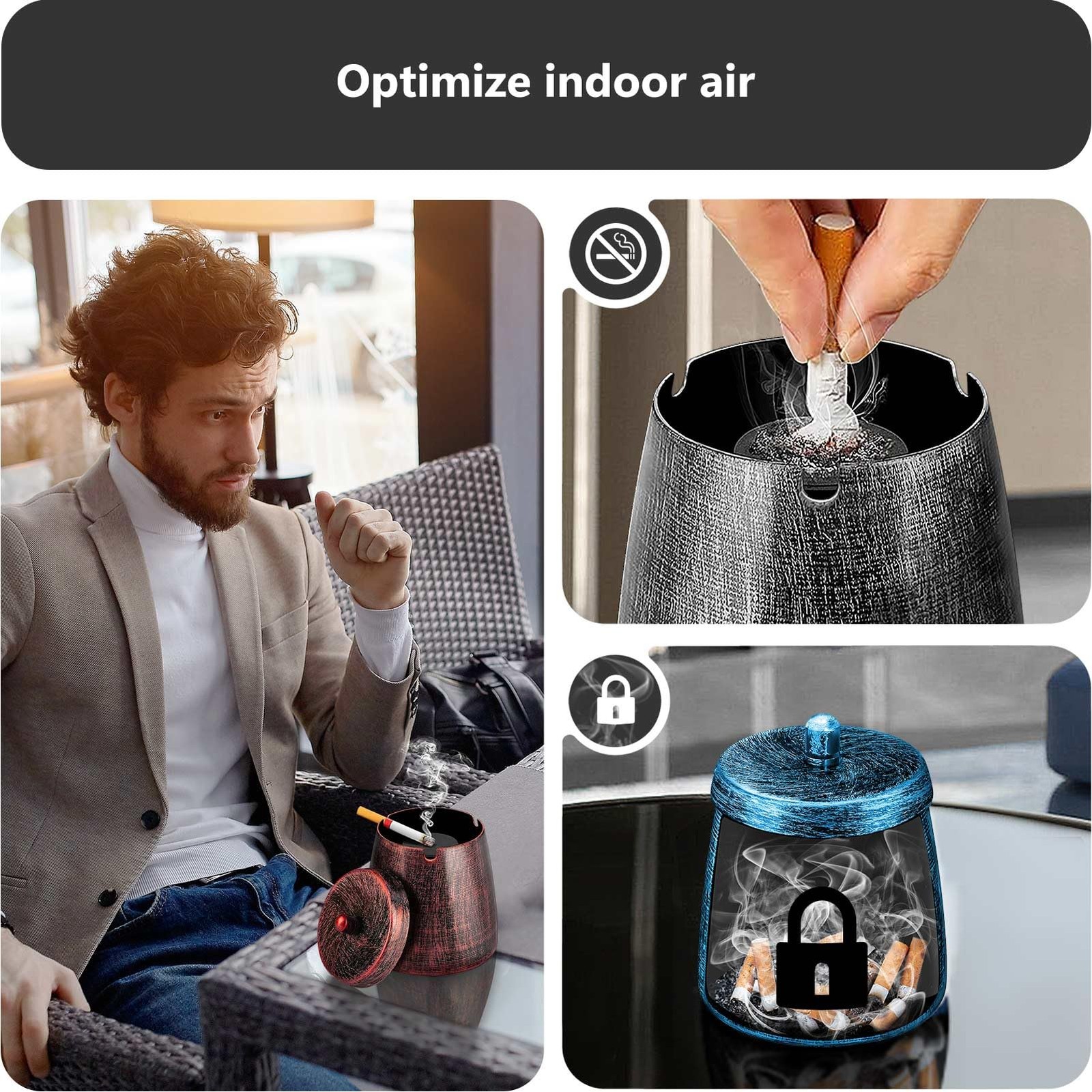 Ashtray with Lid, Windproof Smokeless Odorless Metal Tabletop Ash Tray fo