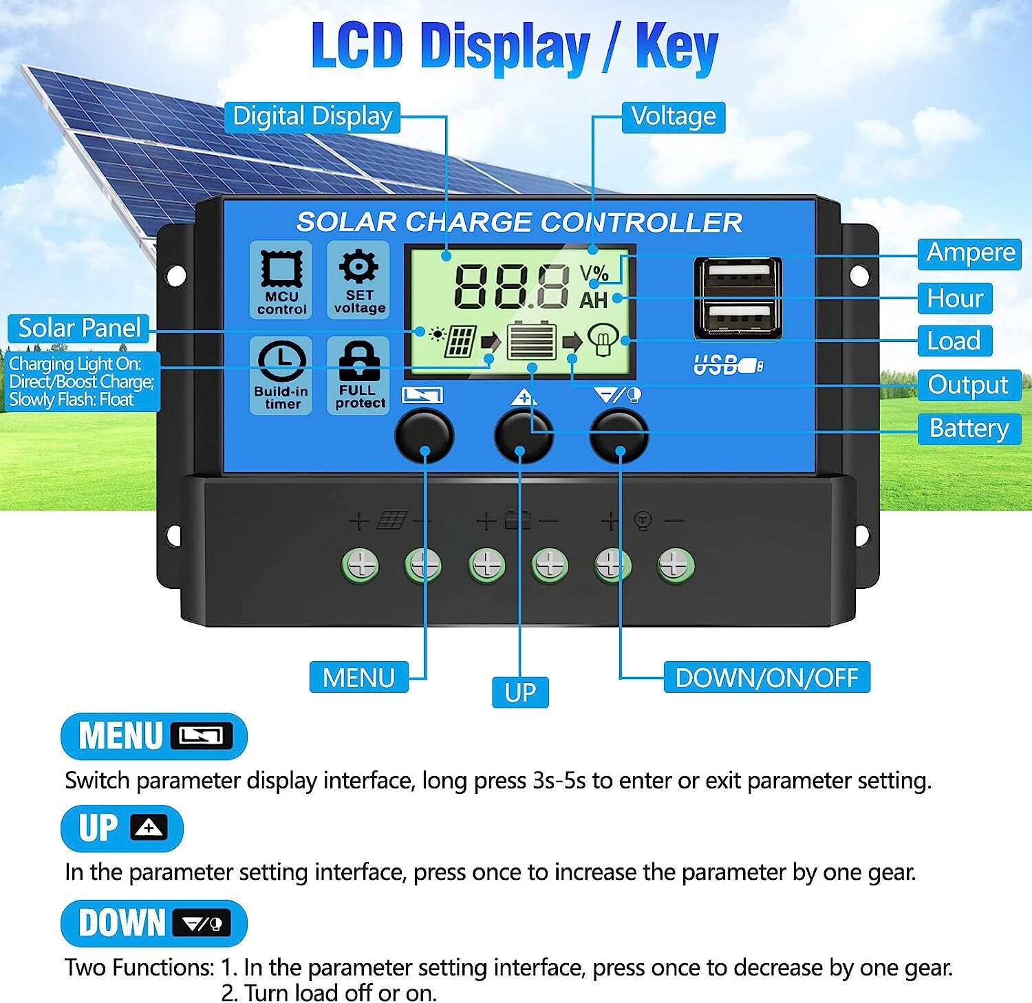 30A Solar Panel Battery Charge Controller 12V/24V LCD Regulator Auto Dual USB US