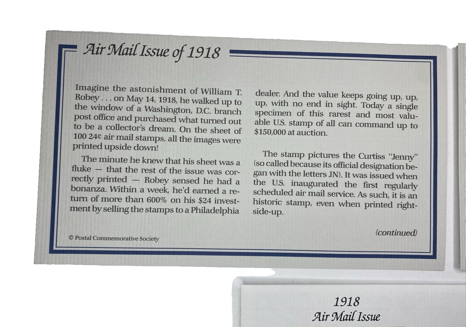 1918 Inverted Jenny 22kt gold 24 cent Stamp Replica Postal Commemorative Society