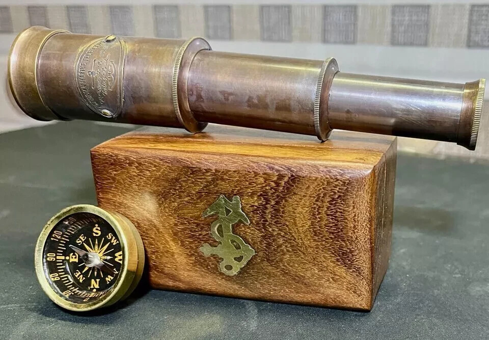 Box Wooden Brass Compass Telescope Antique Nautical Gift Marine Vintage Gift