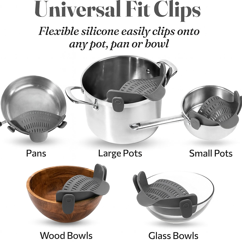 Silicone Clip-On Colander Heat Resistant Strainer for Pasta Noodles Vegetab