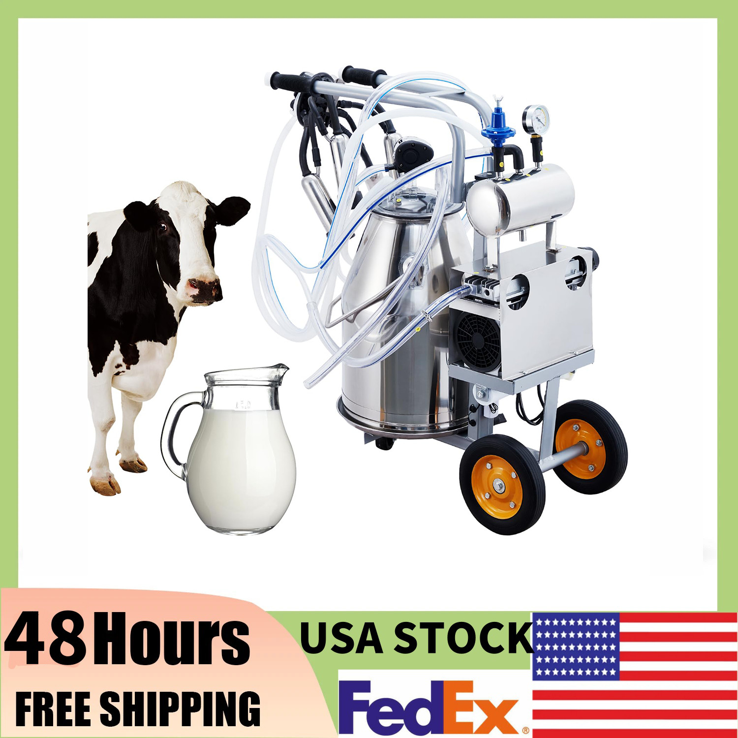 55KPA 1500 RPM Electric Milking Machine 25L Bucket 5-8 Cows Per Hour 120V Milker