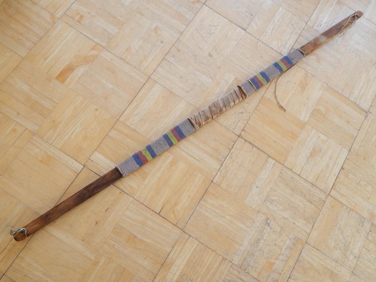 VINTAGE 48" t MID CENTURY NORTHERN PLAINS BEADED HIDE BACKED BOW - NICE !