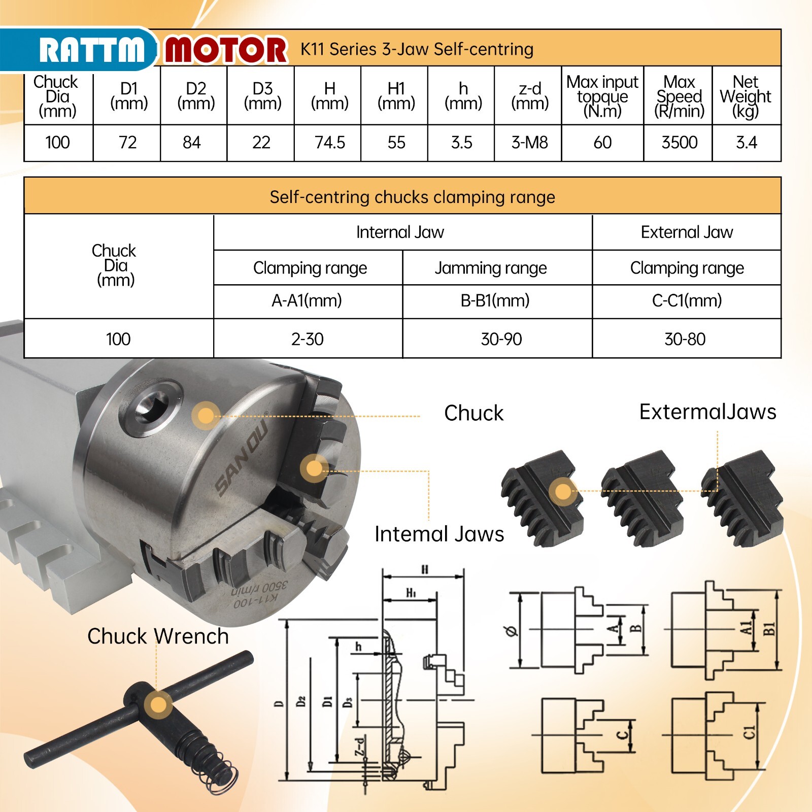 【US】CNC 4th Axis Rotational A Axis 3 Jaw 100mm No Backlash Harmonic Gearbox 50:1