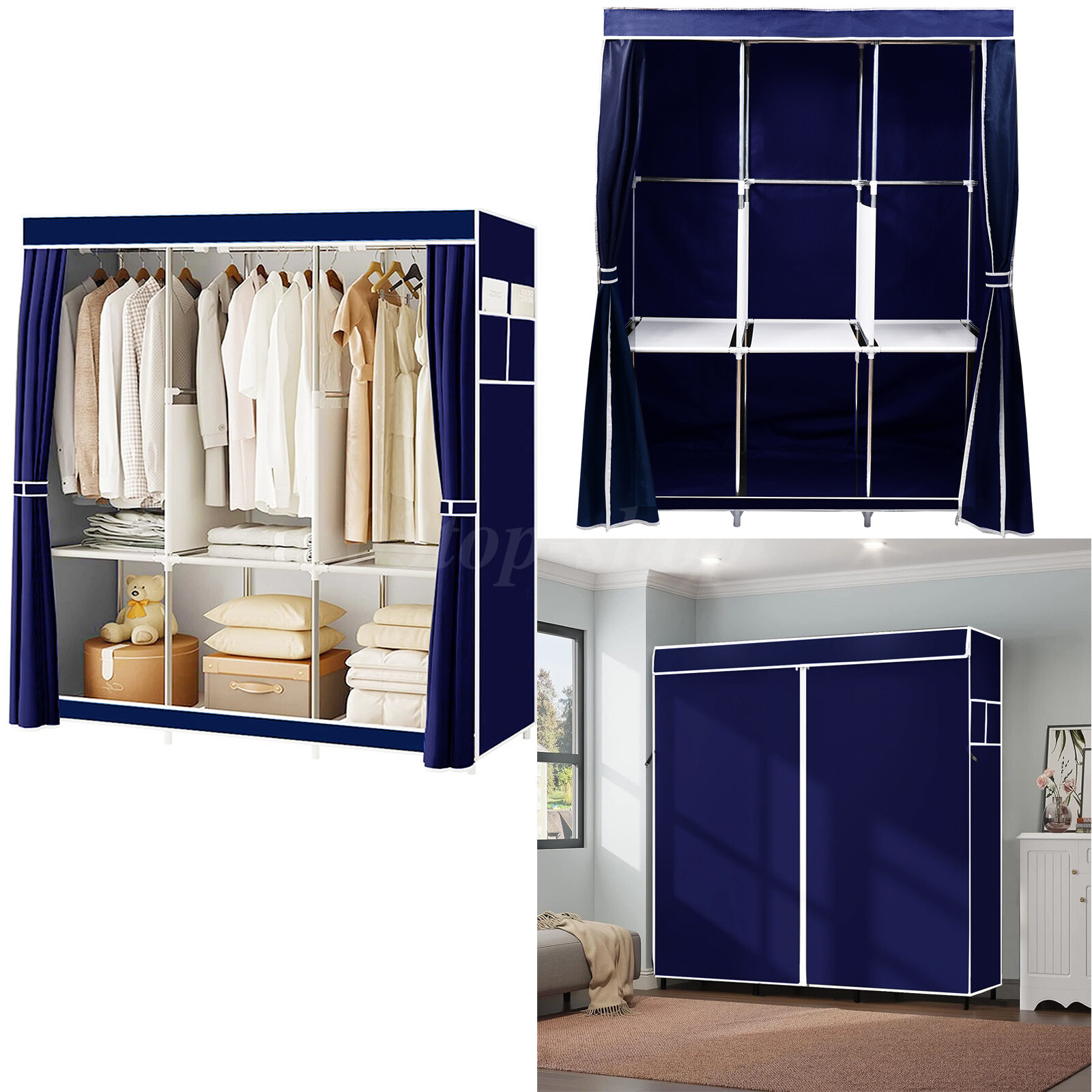 Design Portable Closet Wardrobe Clothes Rack Storage Organizer Shelf Blue-green