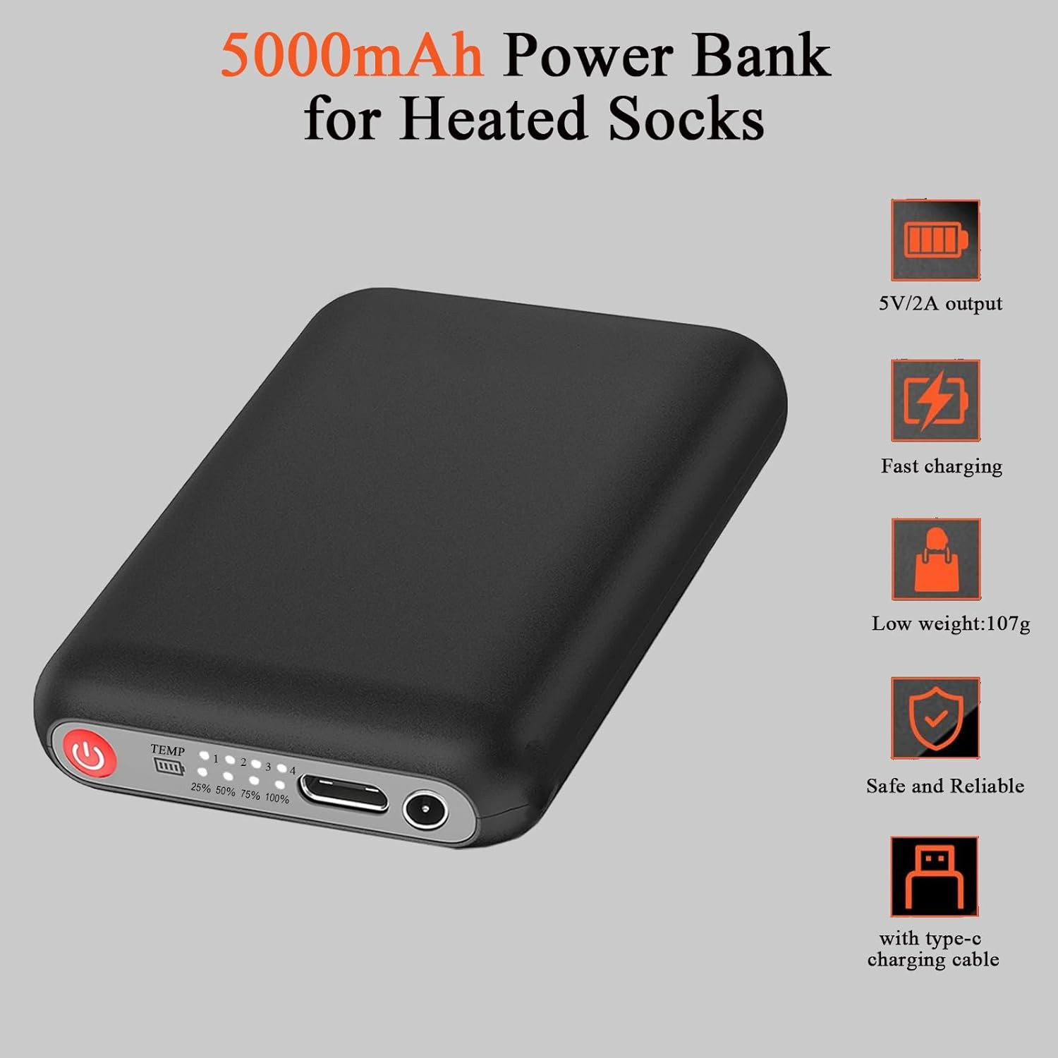 2Pack 5V 5000Mah Li-Polymer Rechargeable Batteries for Heated Socks with DC Port