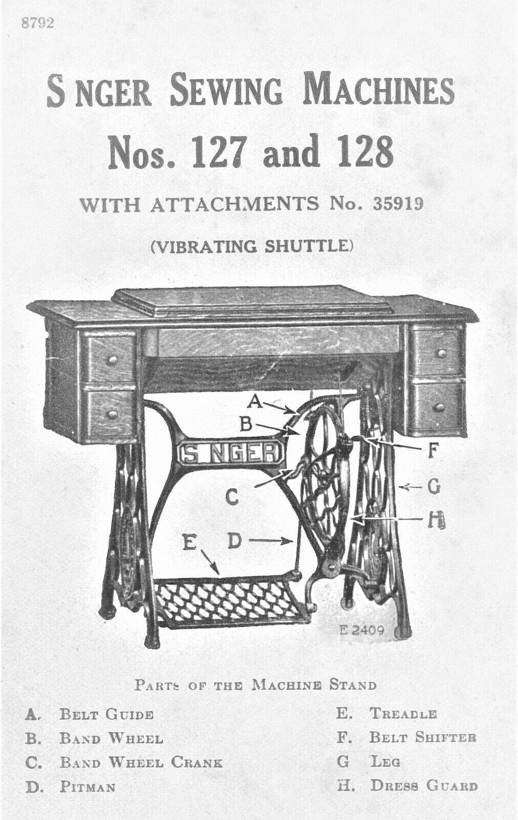 Singer Treadle Sewing Machine No. 127 & 128 Attachment No. 35919 Owner's Manual