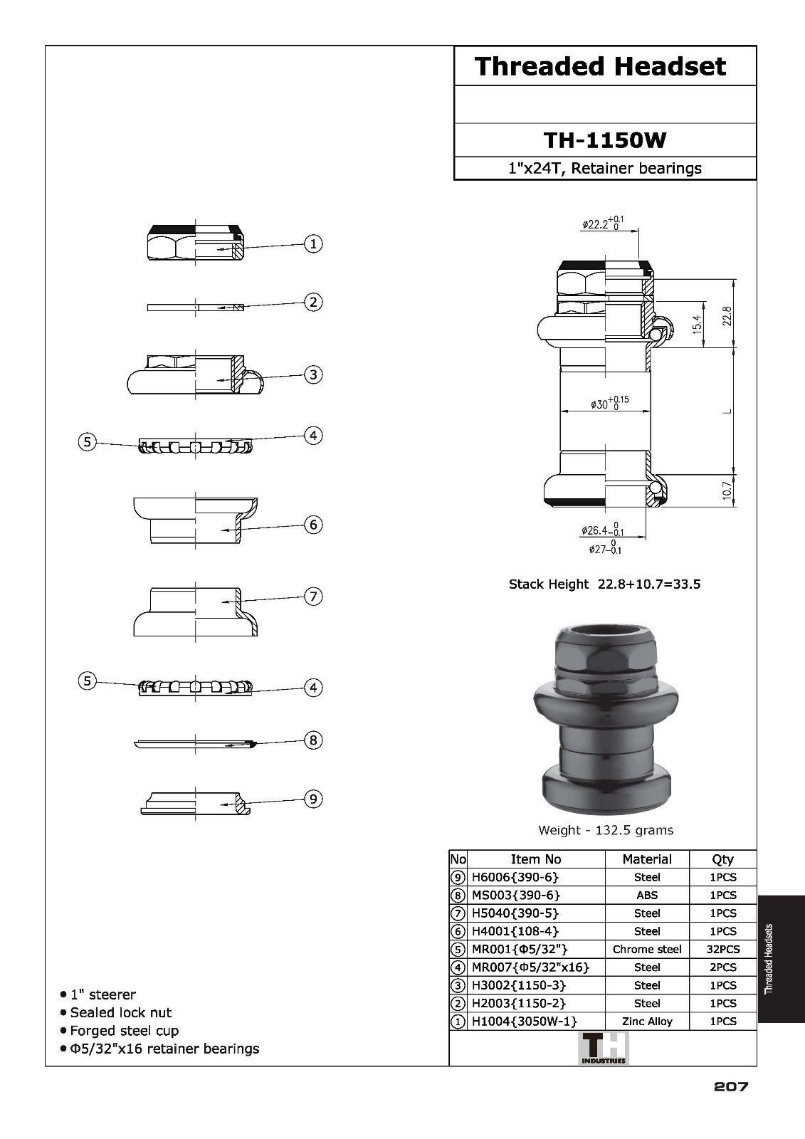 FSA TH-1150W 1" Inch Threaded Traditional Chrome Headset 26.4mm , Black