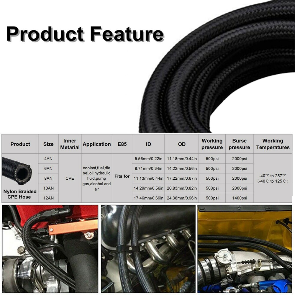 4AN 6AN 8AN 10AN 12AN Nylon & Stainless Steel Braided Fuel Hose Oil Gas Air Line