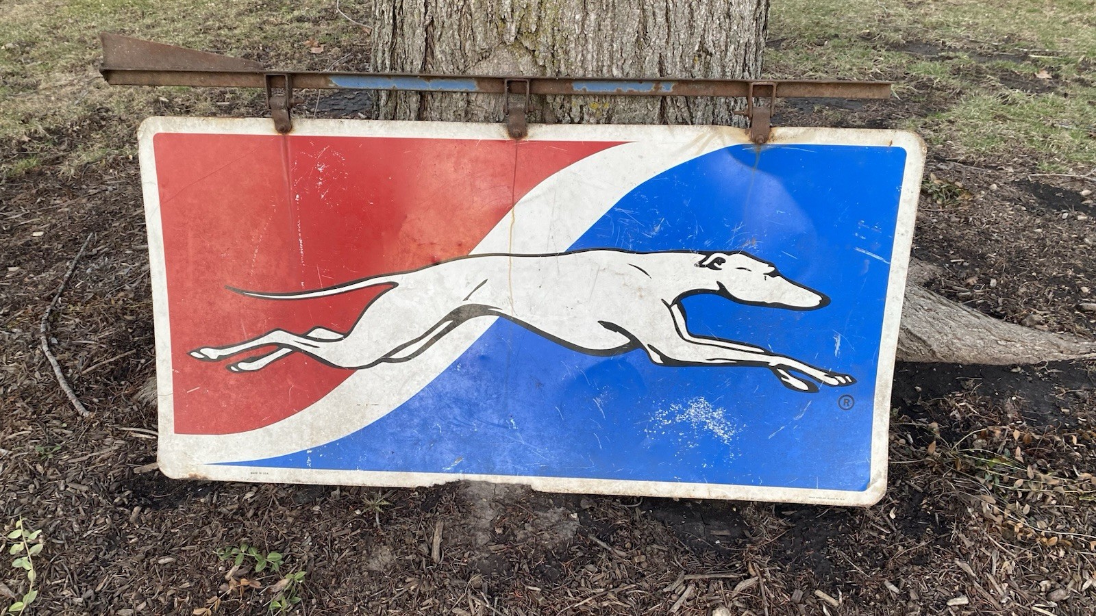 Vintage Greyhound Bus Station Metal Sign Old Gas Oil Automotive 48” X 24”