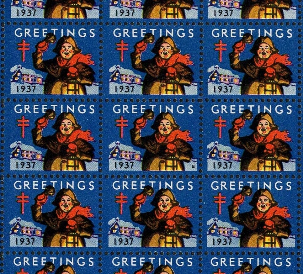 1937 WX88 Bell Ringer Sheet of 100 Printer "E" US Christmas Seals/Stamps MNH