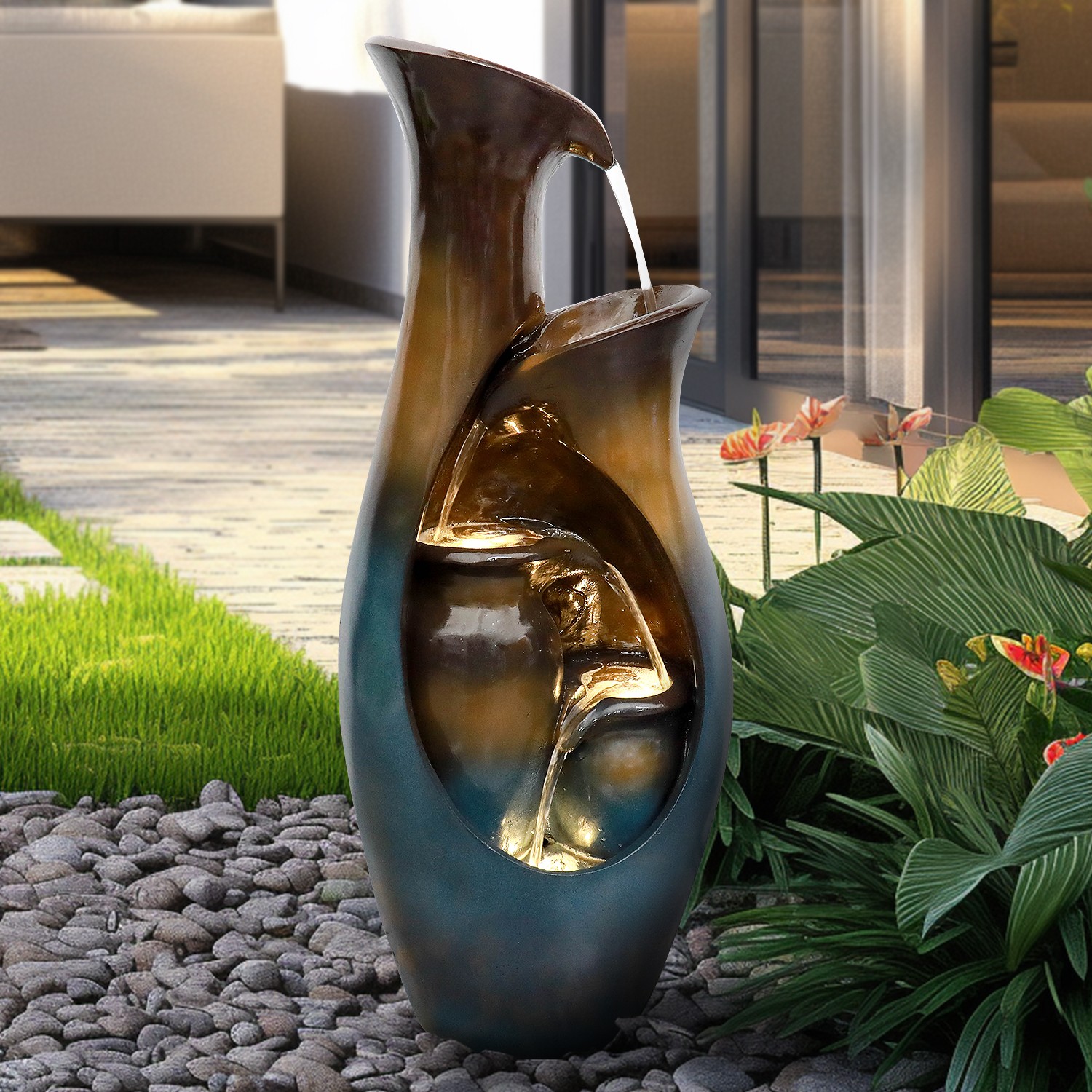 Faux Stone Water Feature for Yard – Tiered Cascading Fountain with LED Lights