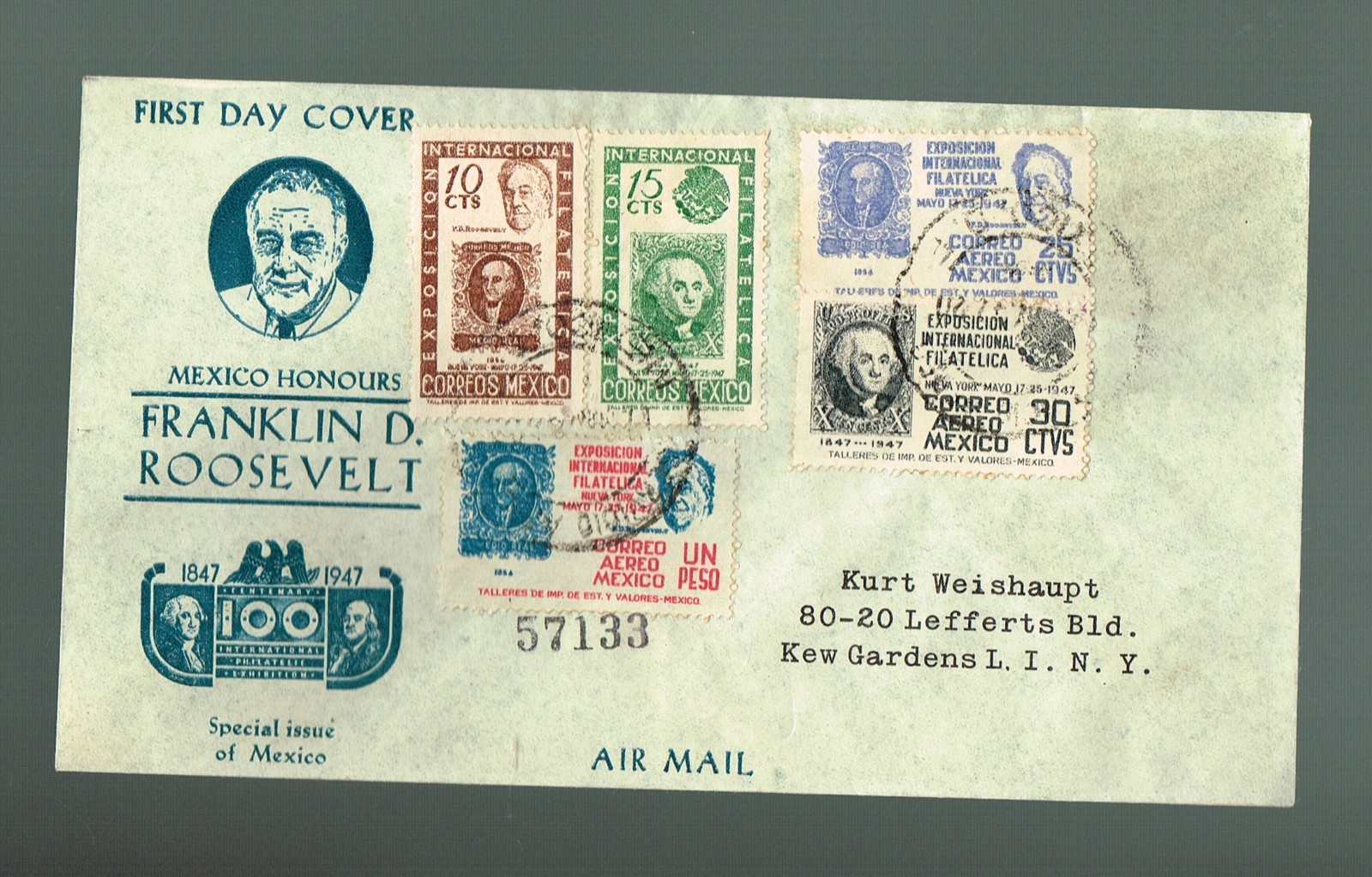 MEXICO  FDC  FRANKLIN D ROOSEVELT   Special Issue    1947    SC OTT #920/24