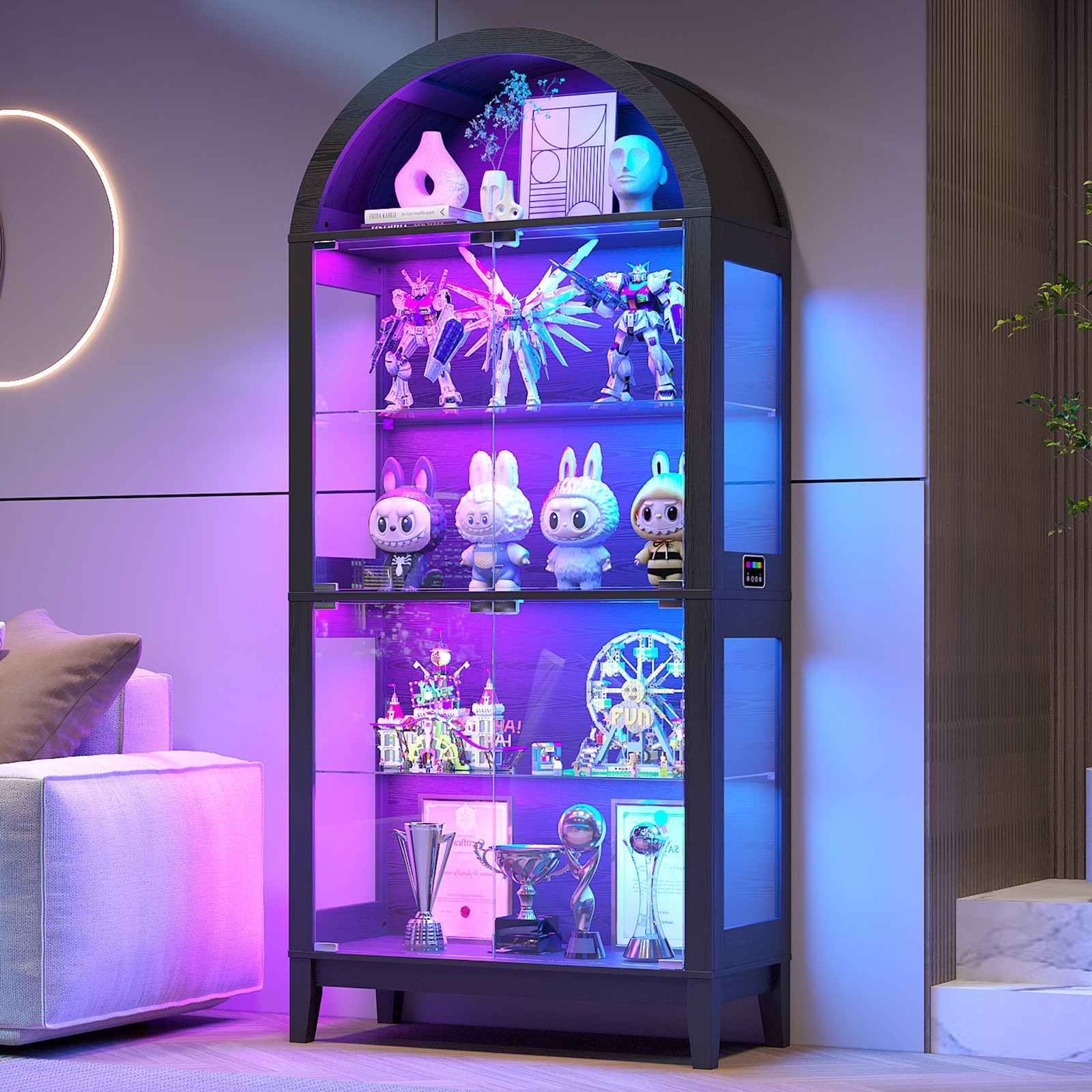 Black Curio Cabinet with Glass Doors, 69" Arched Display Cabinet with RGB Lights