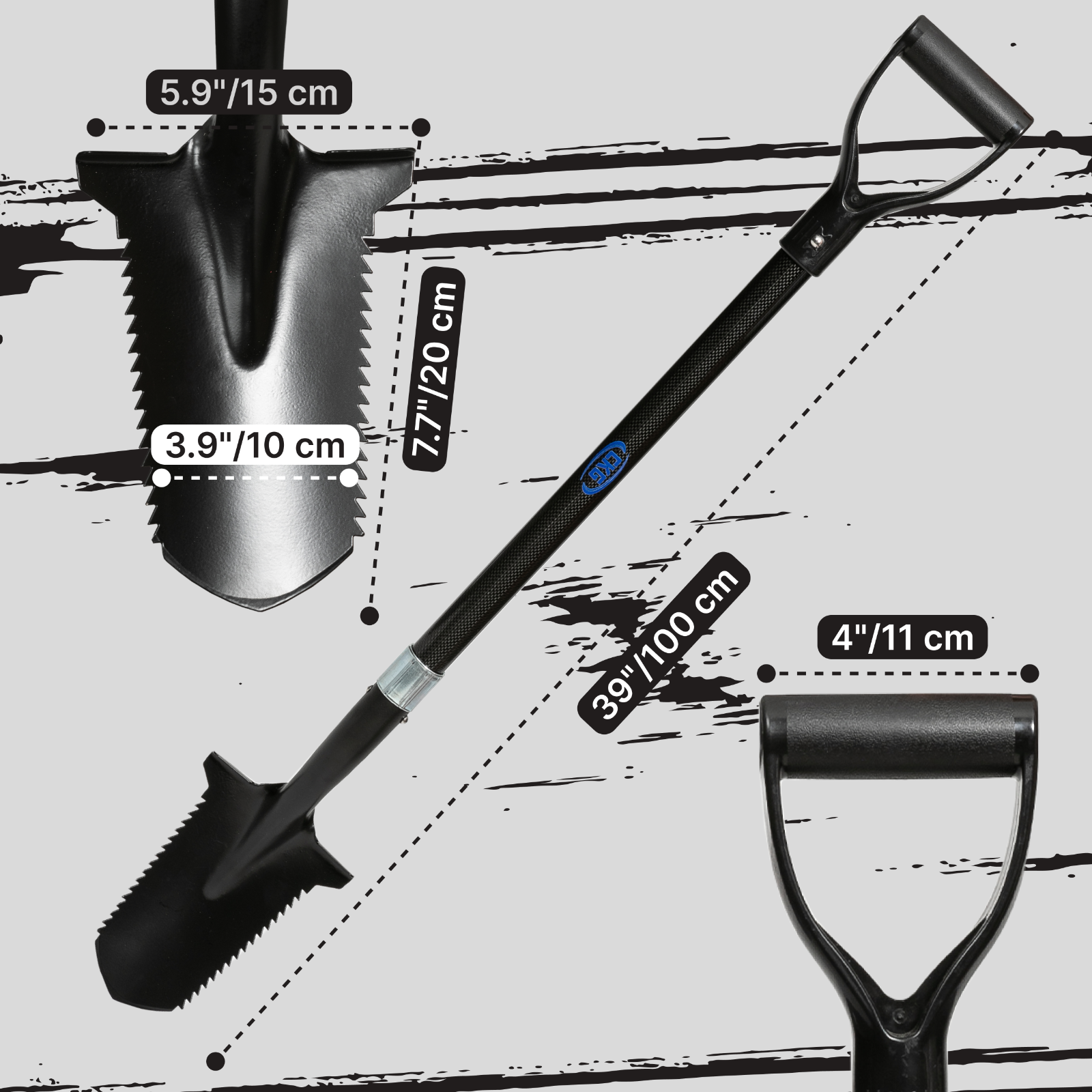 CKG Carbon Metal Detecting Shovel Digging Tool with Double Serrated Blade, Black