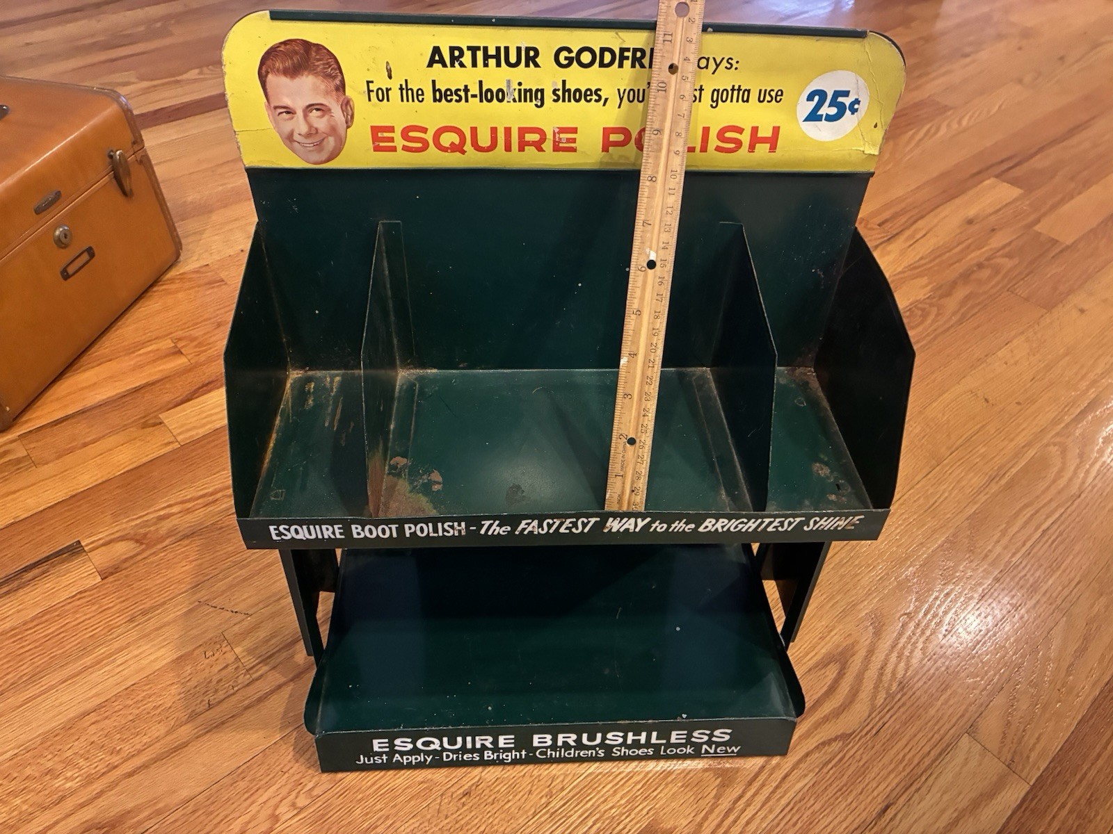 VINTAGE Esquire Brushless Shoe Polish Arthur Godfrey Store Counter Metal Display