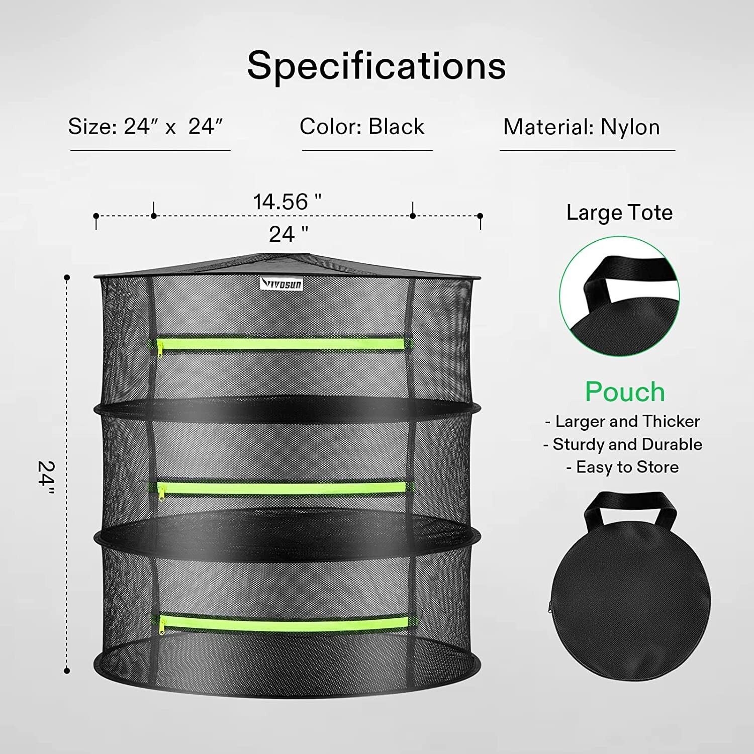 VIVOSUN 3-Layer Mesh Drying Rack Hanging Design w/ Green Zippers for Dehydrating